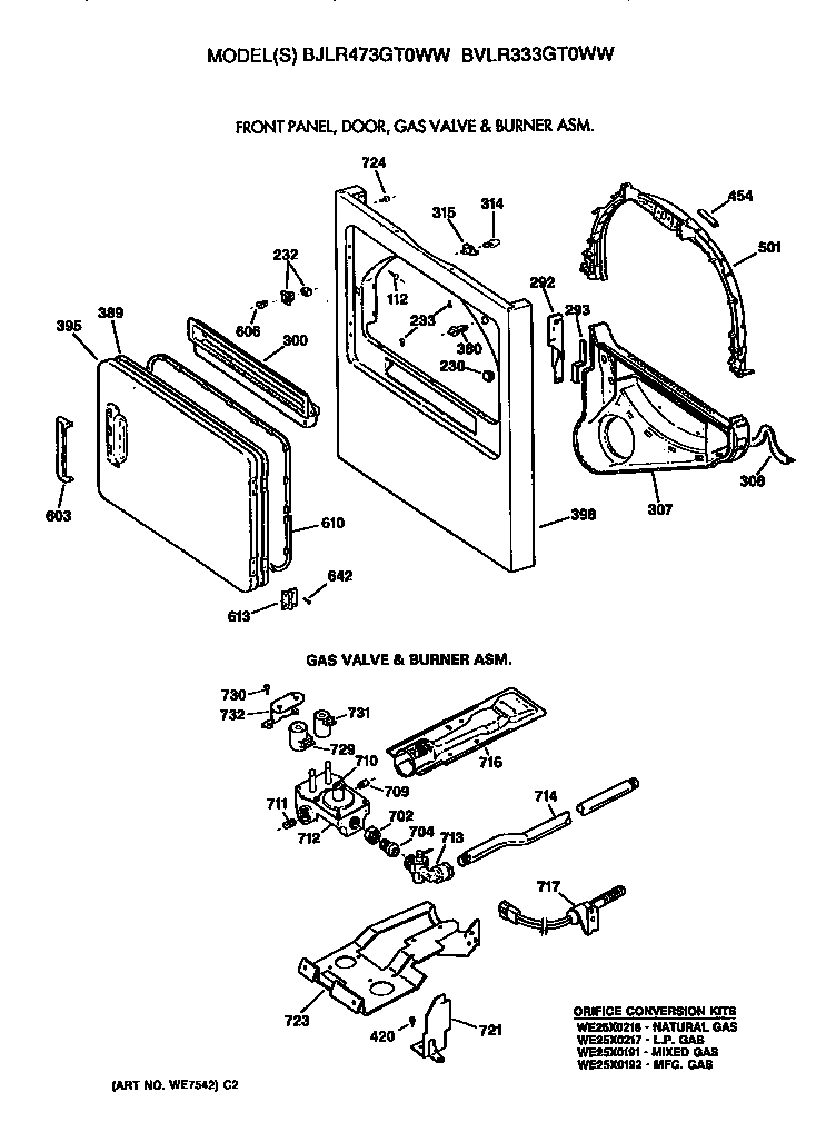Cabinet front, gas valve and burner