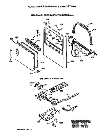 Cabinet front, gas valve and burner