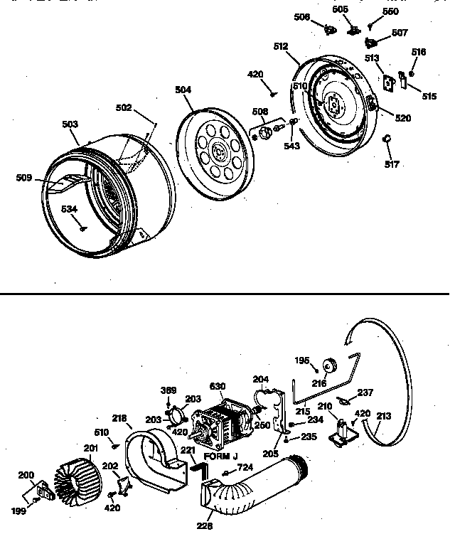 Drum, heater asm., blower & drive asm.