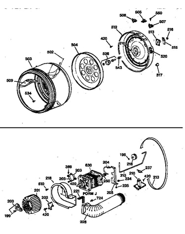 Drum, heater asm., blower & drive asm.