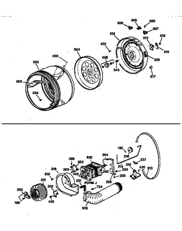 Drum, heater asm., blower & drive asm.
