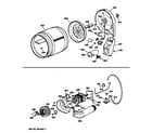 Hotpoint NJLR473GT0WB drum, blower & drive assembly diagram