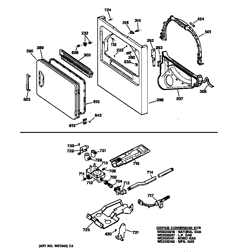 Front panel, door, gas valve & burner assembly