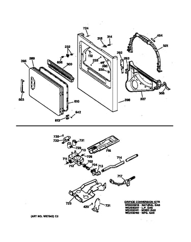 Front panel, door, gas valve & burner assembly