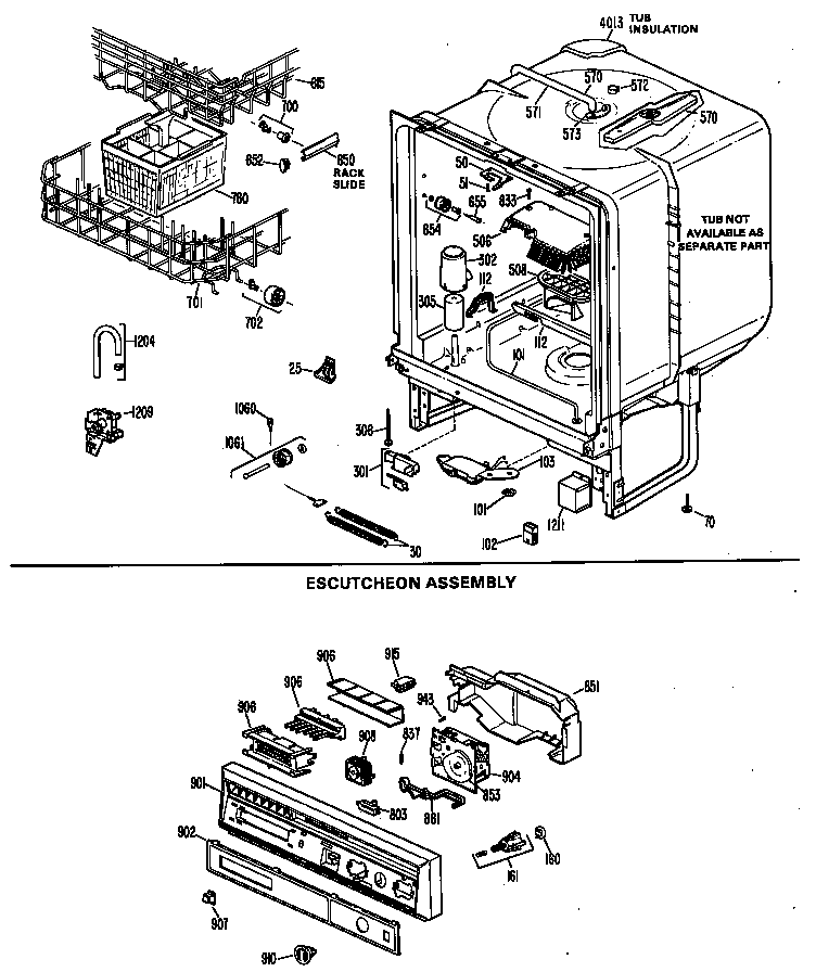 Tub/escutcheon assembly