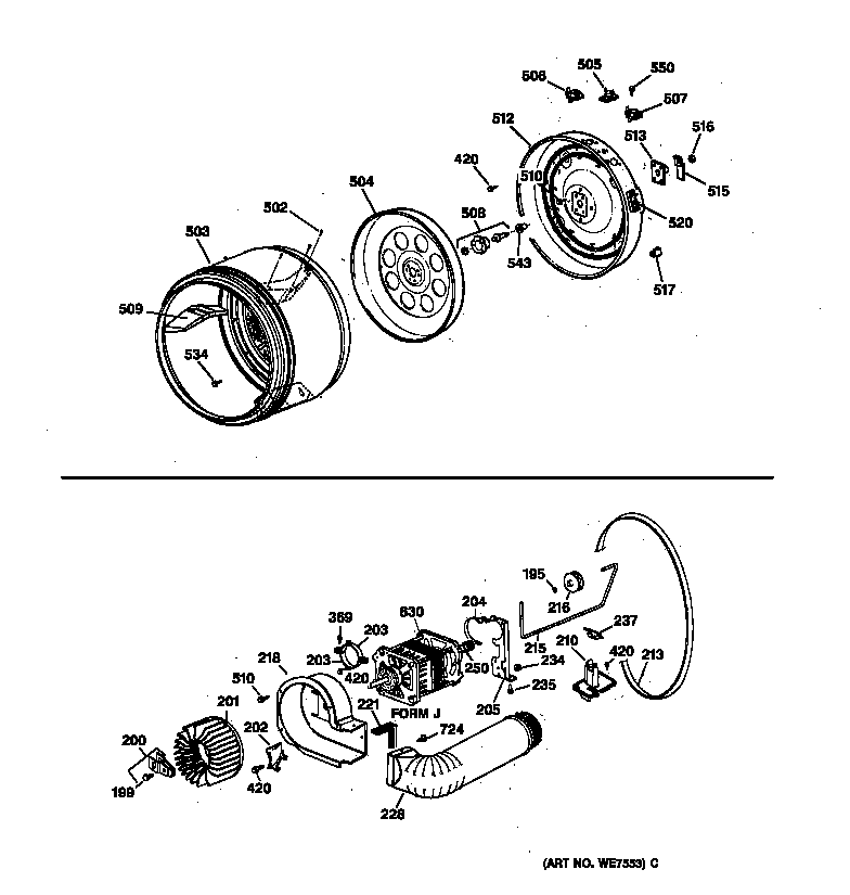Drum, heater asm., blower & drive assembly
