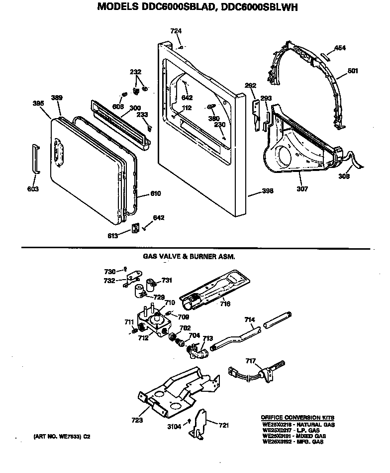 Cabinet front, gas valve and burner