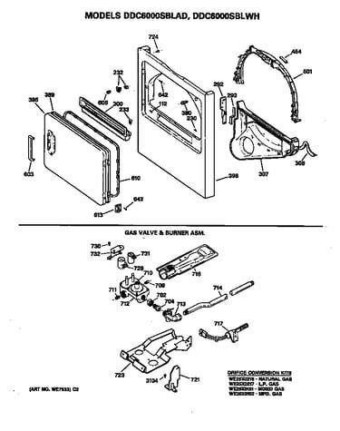 Cabinet front, gas valve and burner