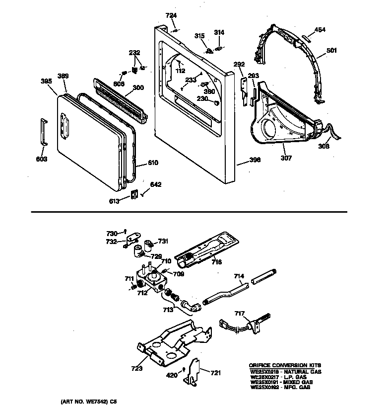 Front panel, door, gas valve & burner assembly