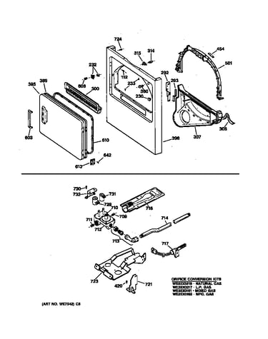 Front panel, door, gas valve & burner assembly