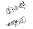 Hotpoint NJLR473ET0WW drum, blower & drive assembly diagram