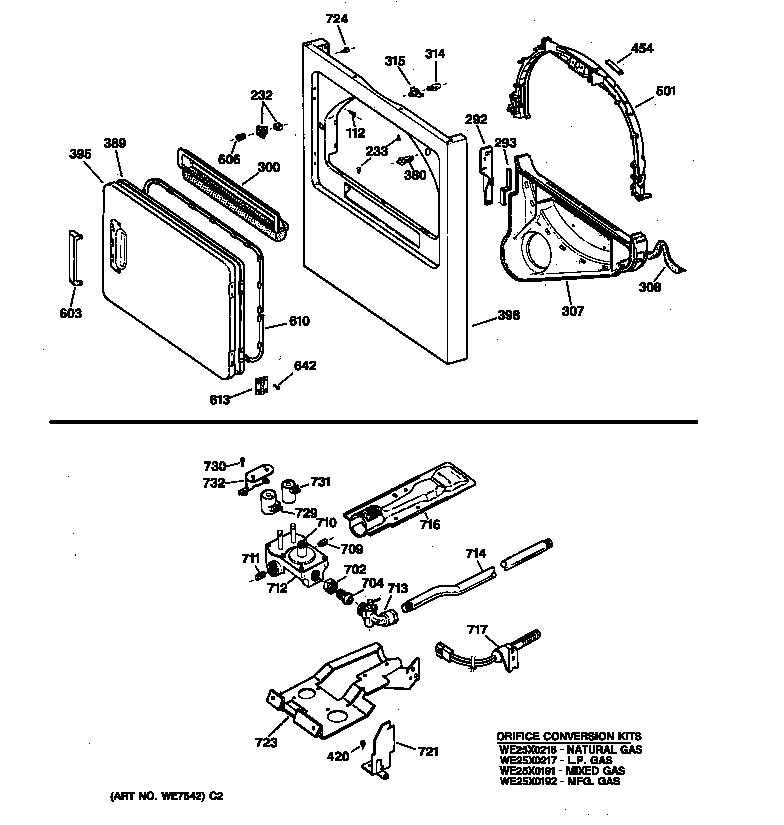 Cabinet front, gas valve & burner asm.