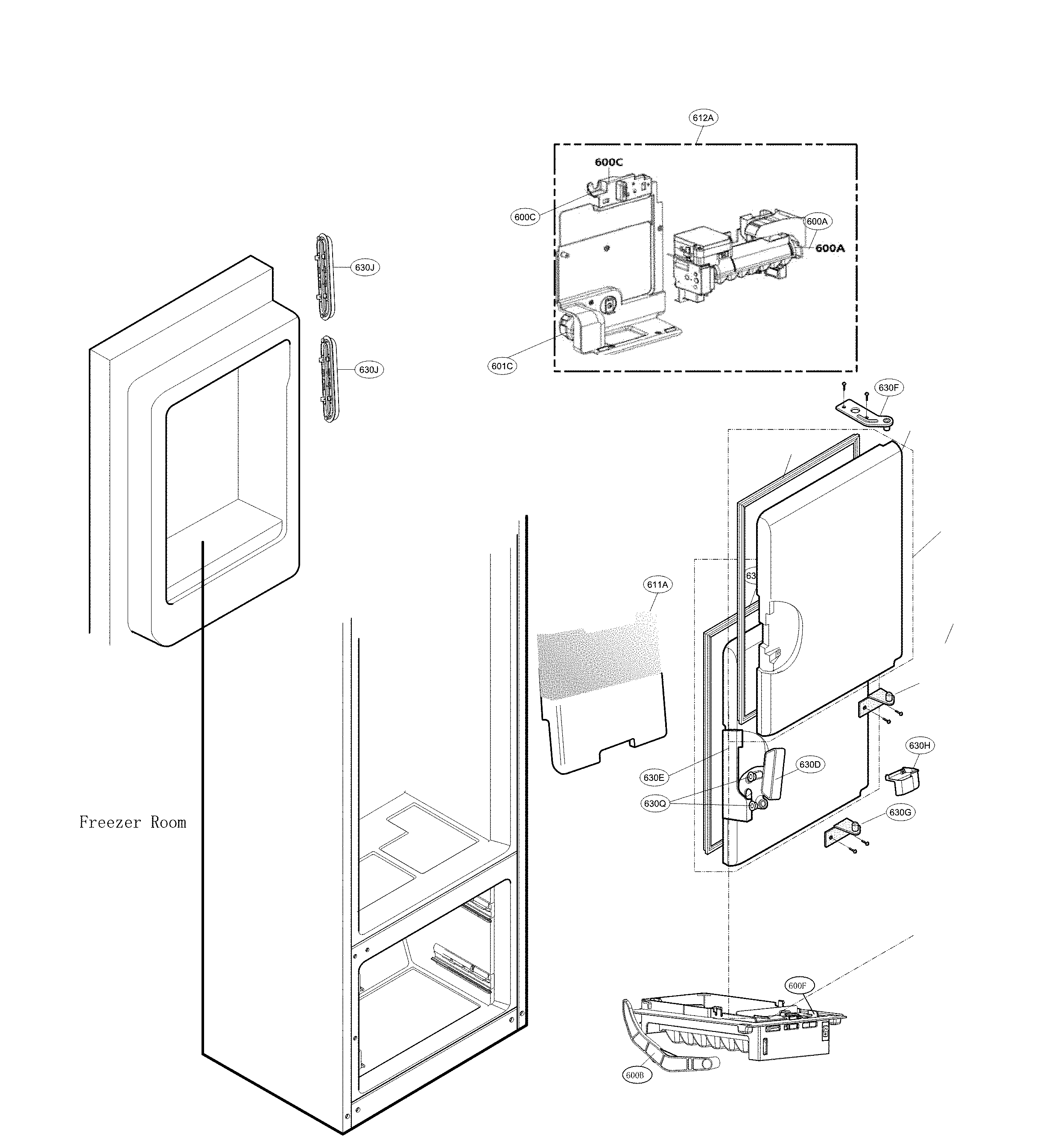 Ice maker and ice bin parts