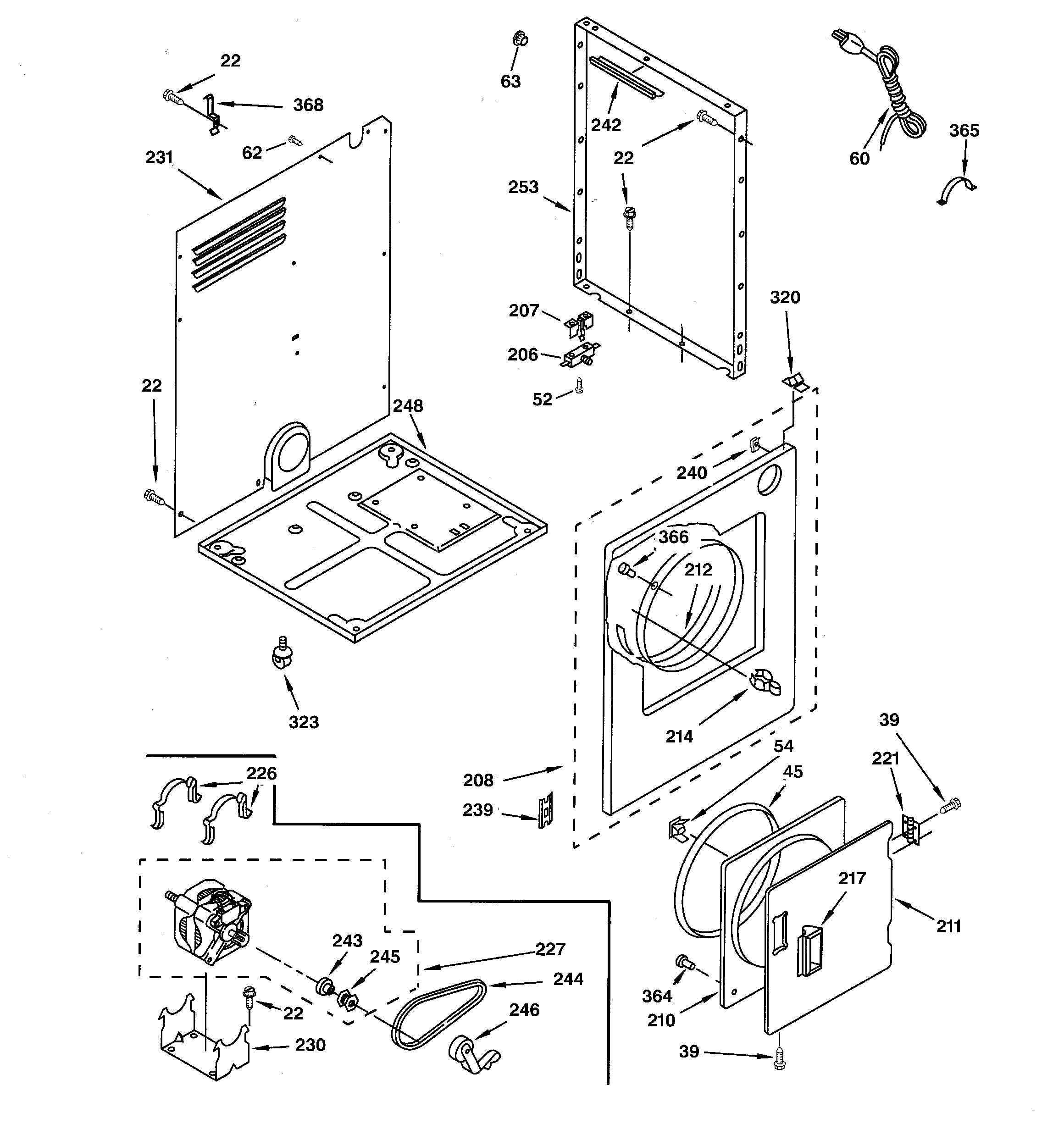 Cabinet, front panel, door & motor