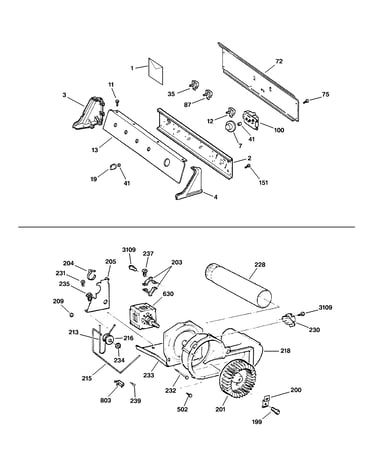 Backsplash, blower & motor assembly