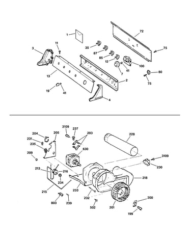 Backsplash, blower & motor assembly