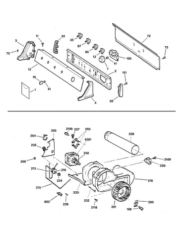 Backsplash, blower & motor assembly