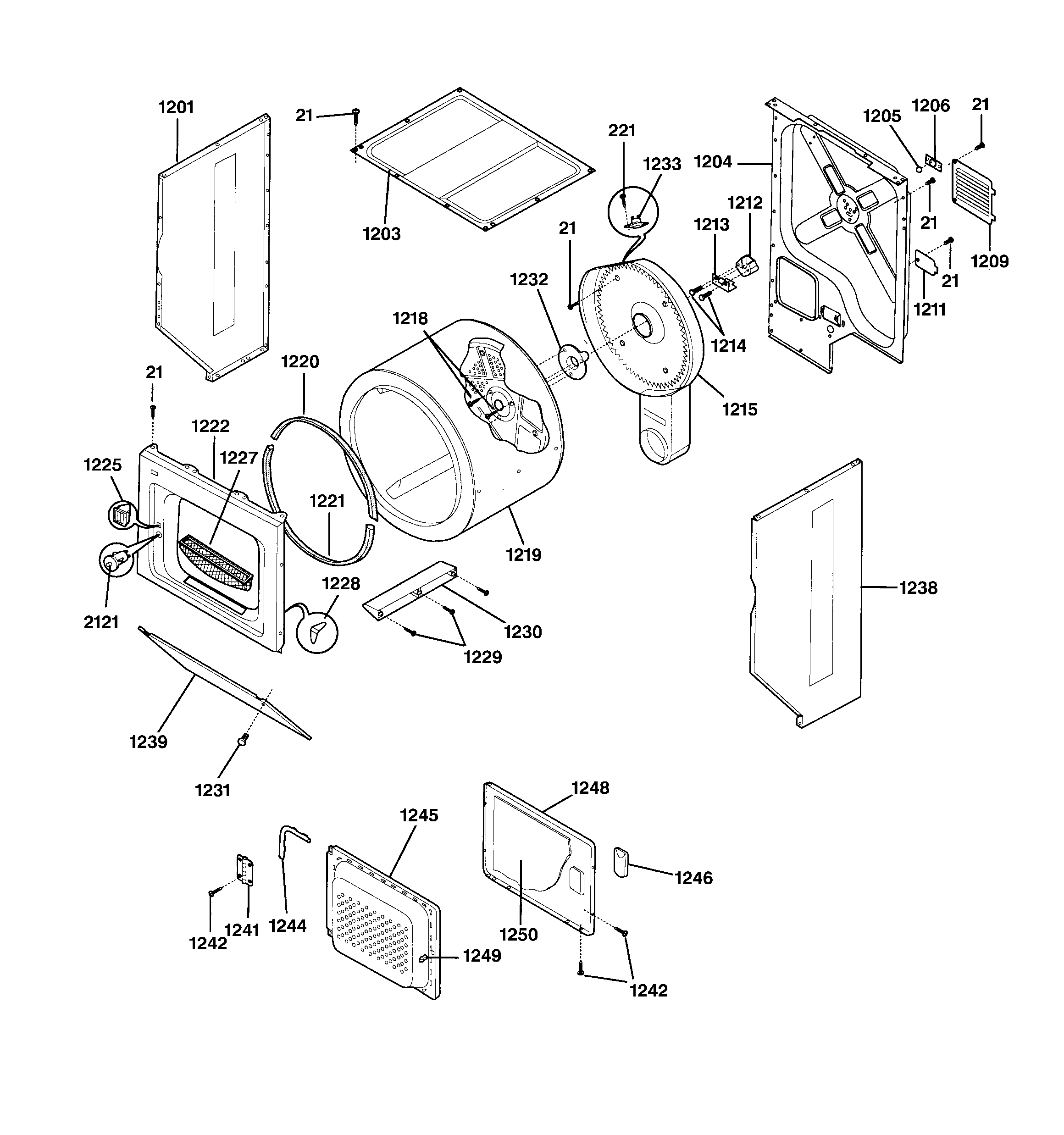 Dryer cabinet, drum & heater