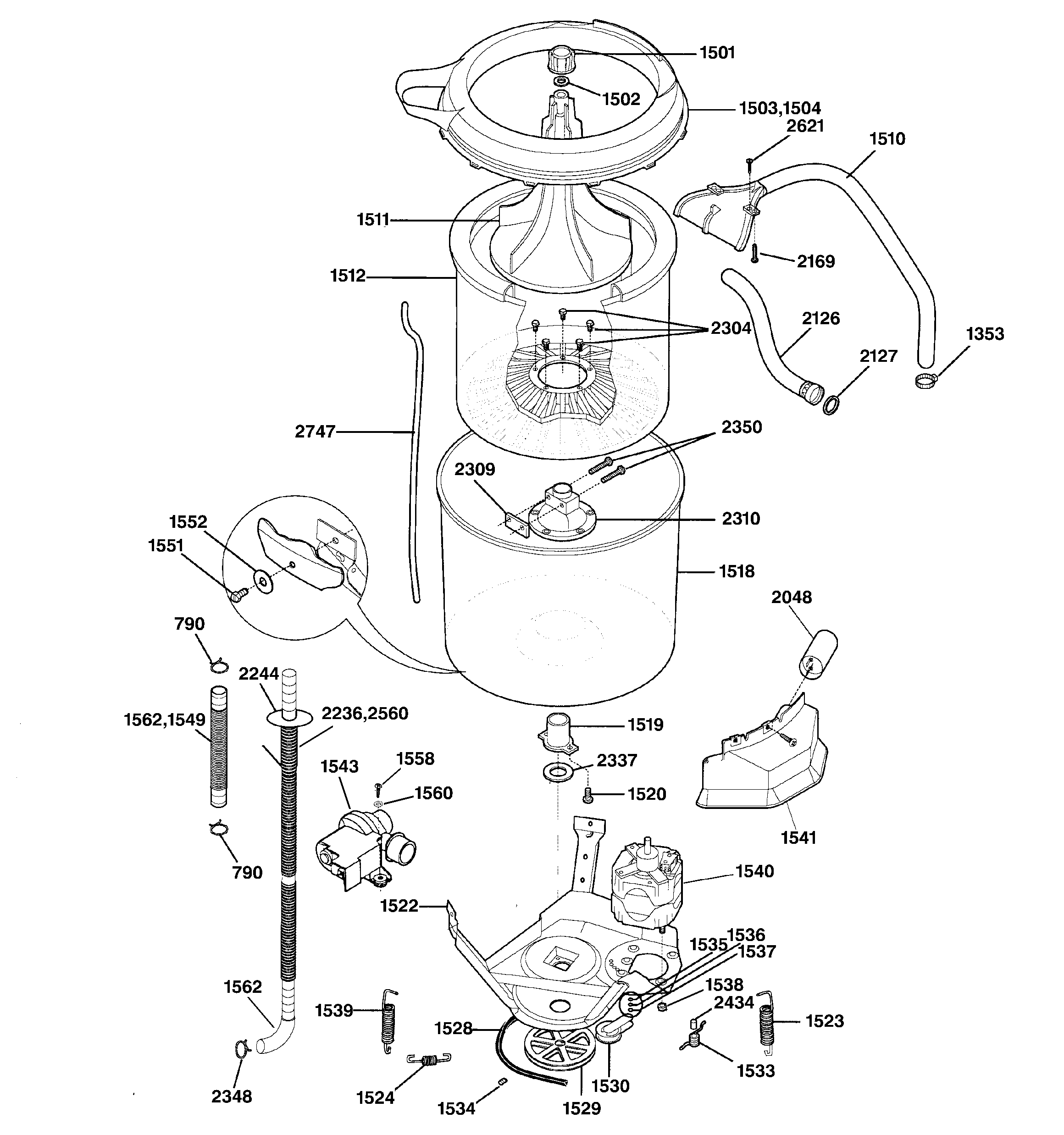 Washer tub, hoses & motor