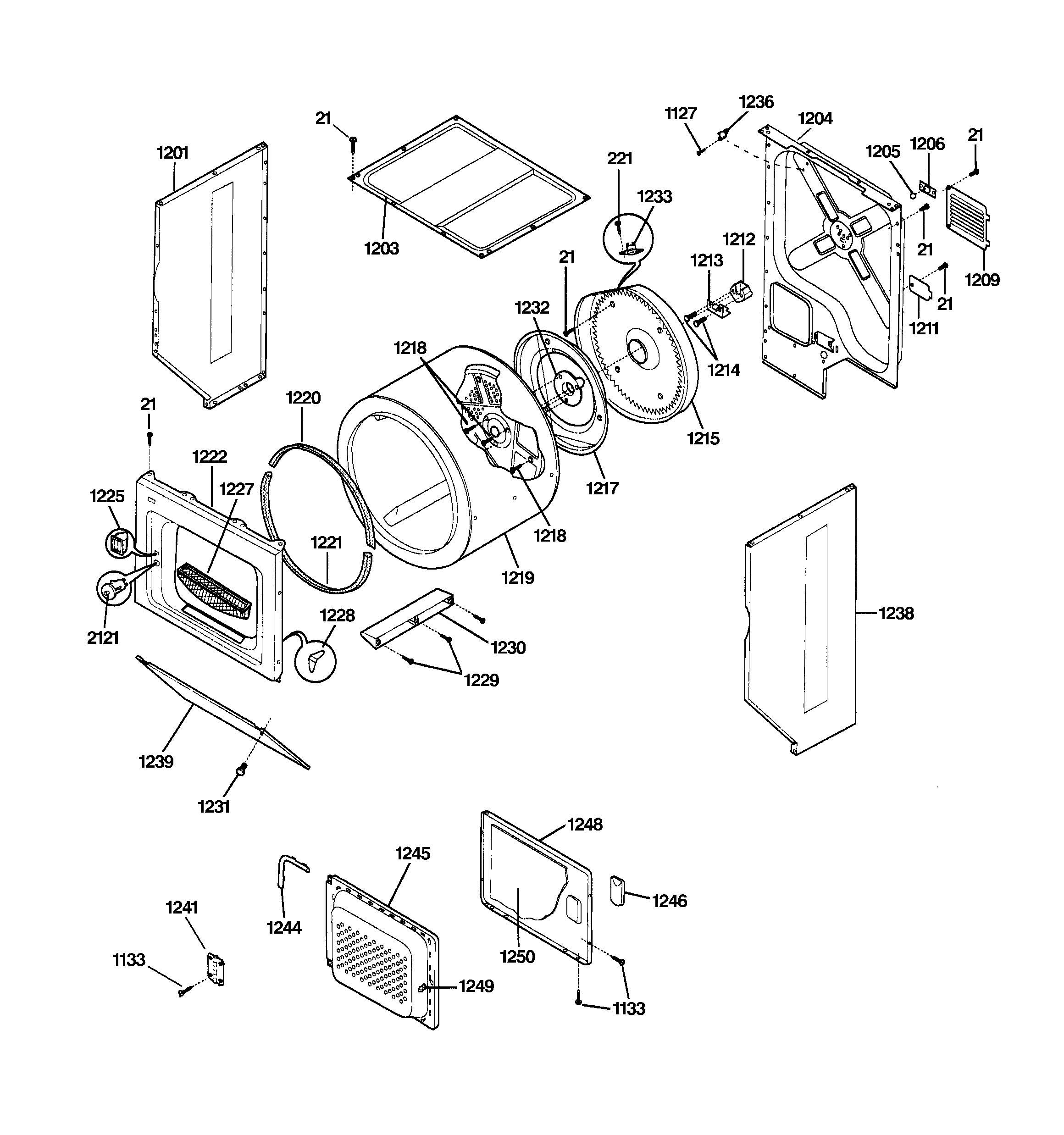 Dryer cabinet, drum & heater
