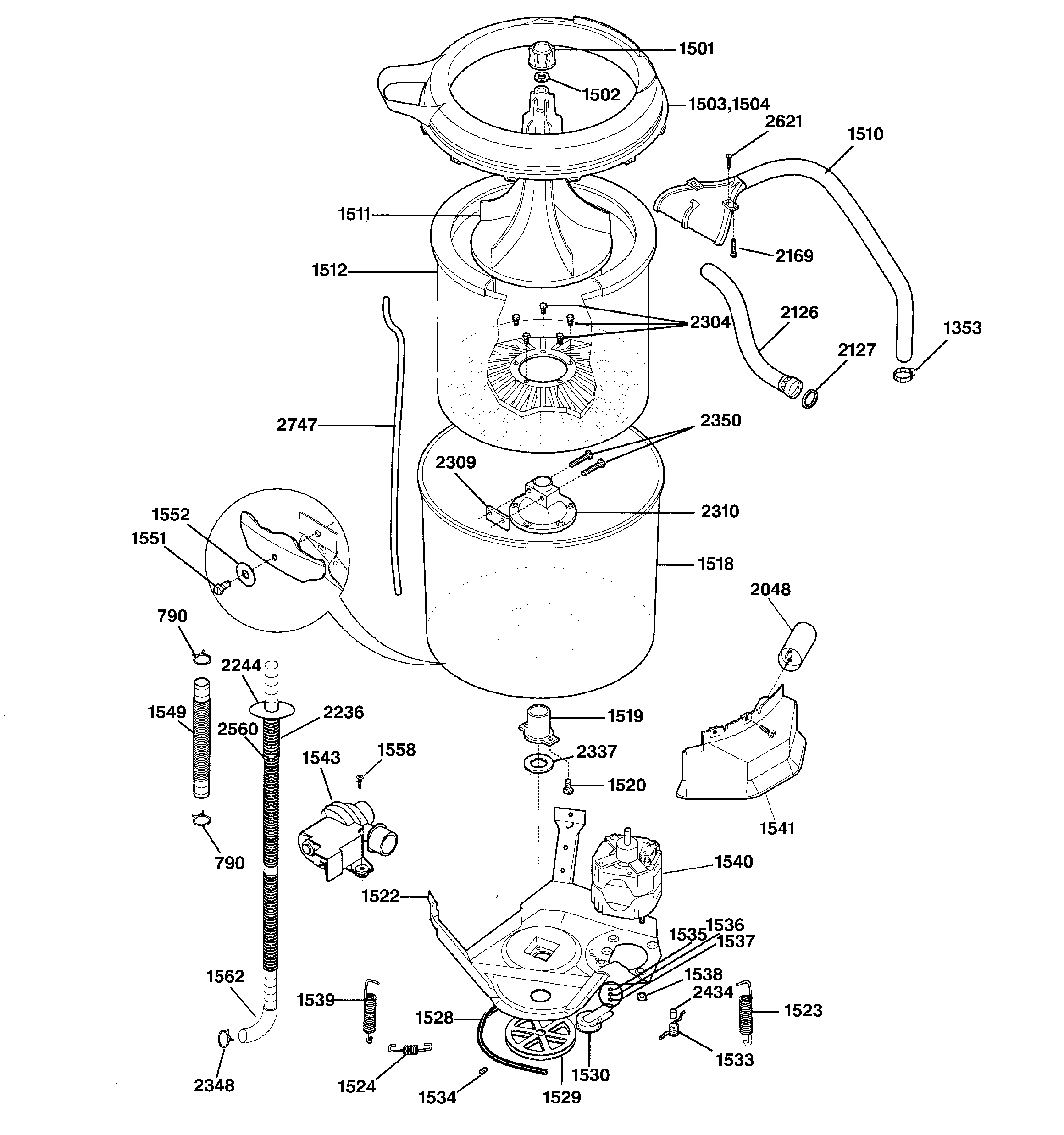 Washer tub, hoses & motor