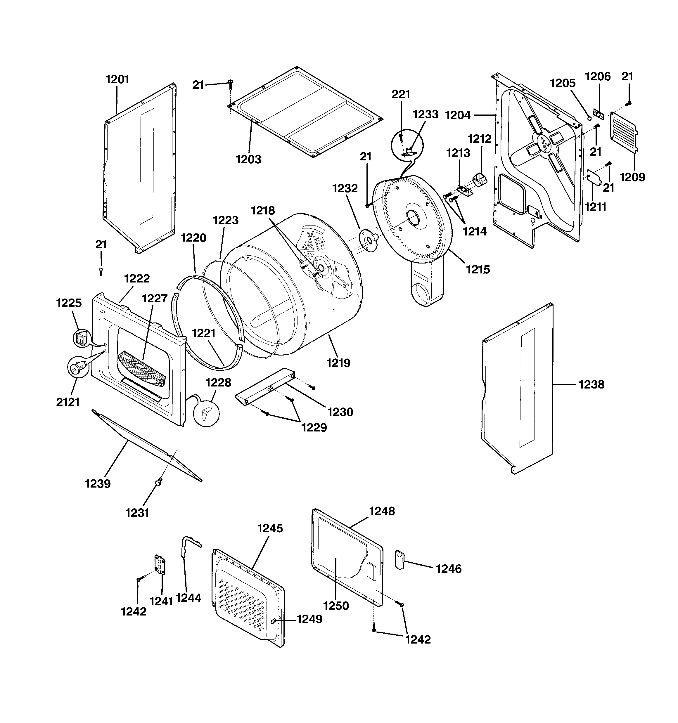 Dryer cabinet, drum & heater