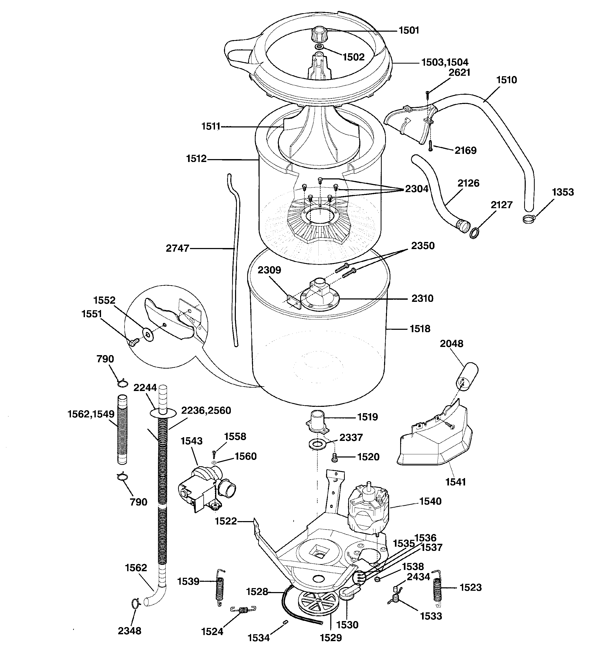 Washer tub, hoses & motor