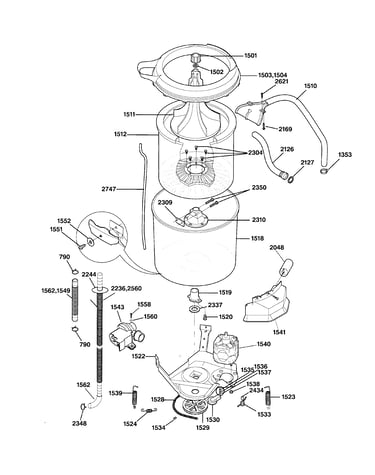 Washer tub, hoses & motor