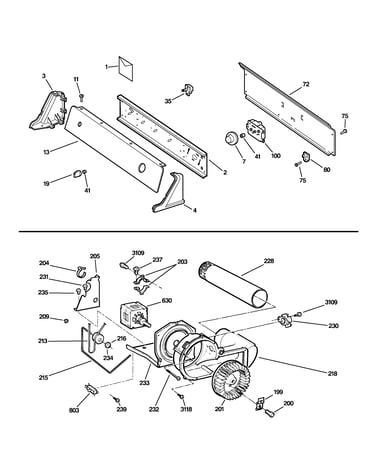 Backsplash, blower & motor assembly