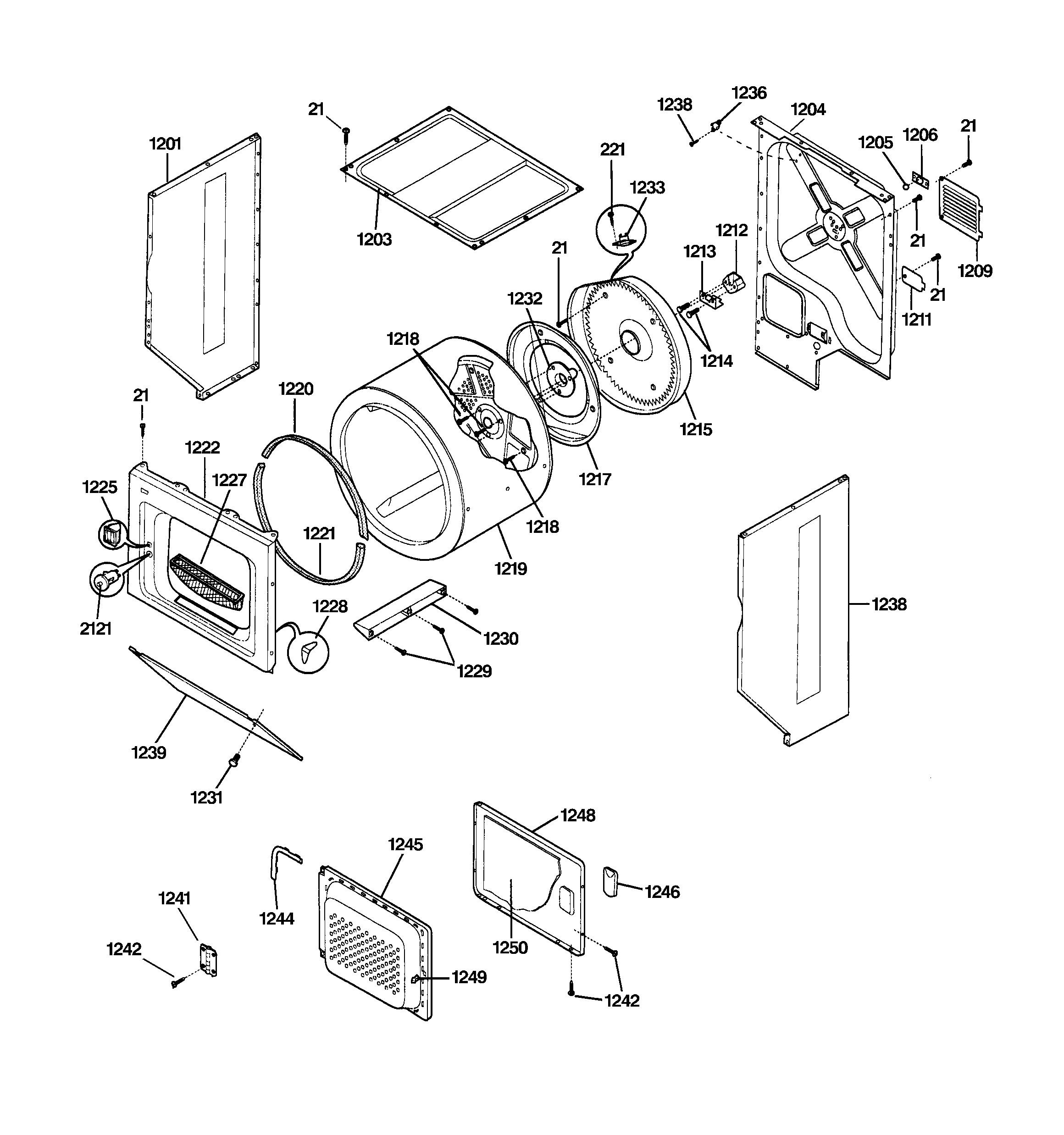 Dryer upper cabinet, drum & heater