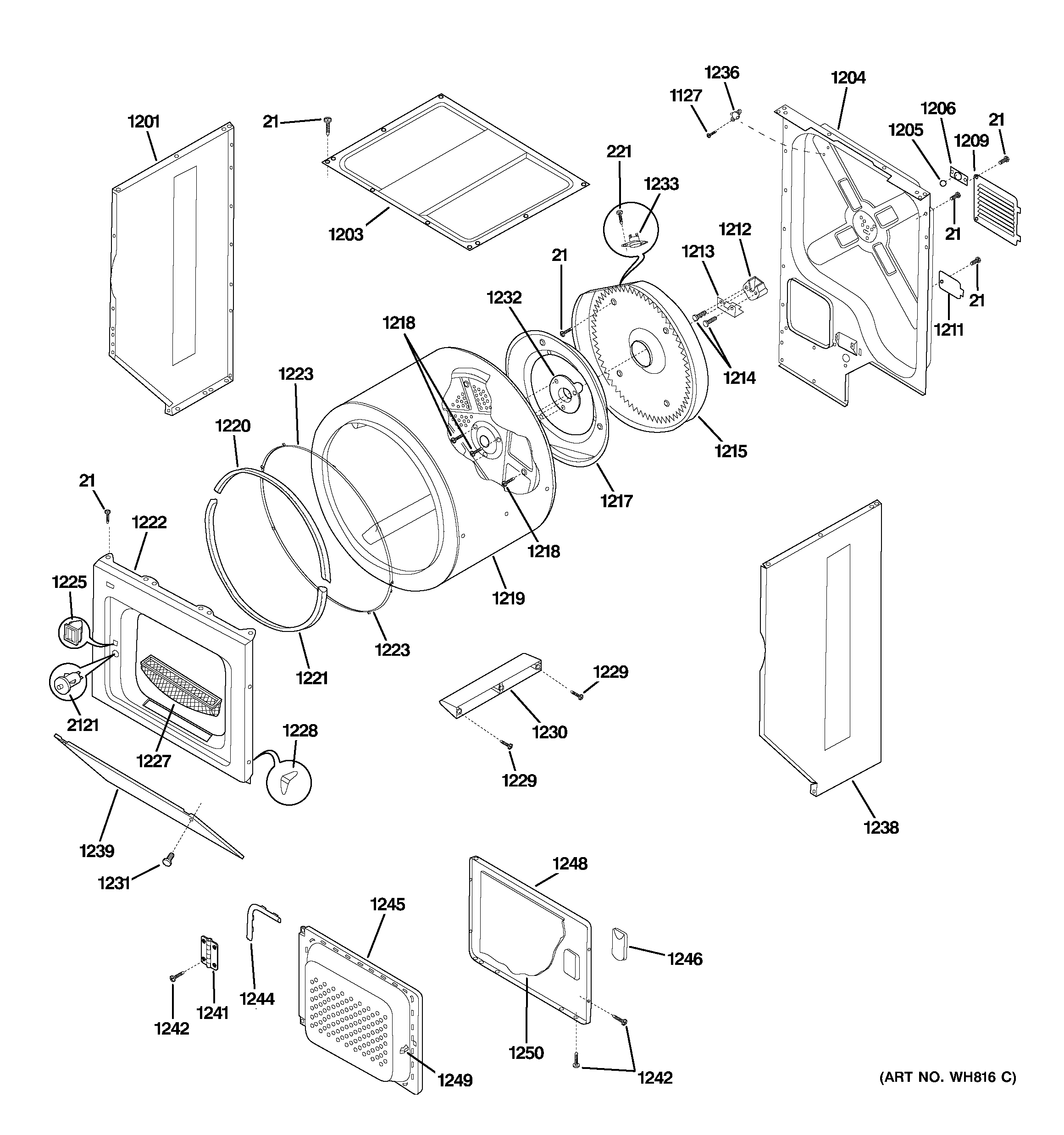 Dryer upper cabinet, drum & heater