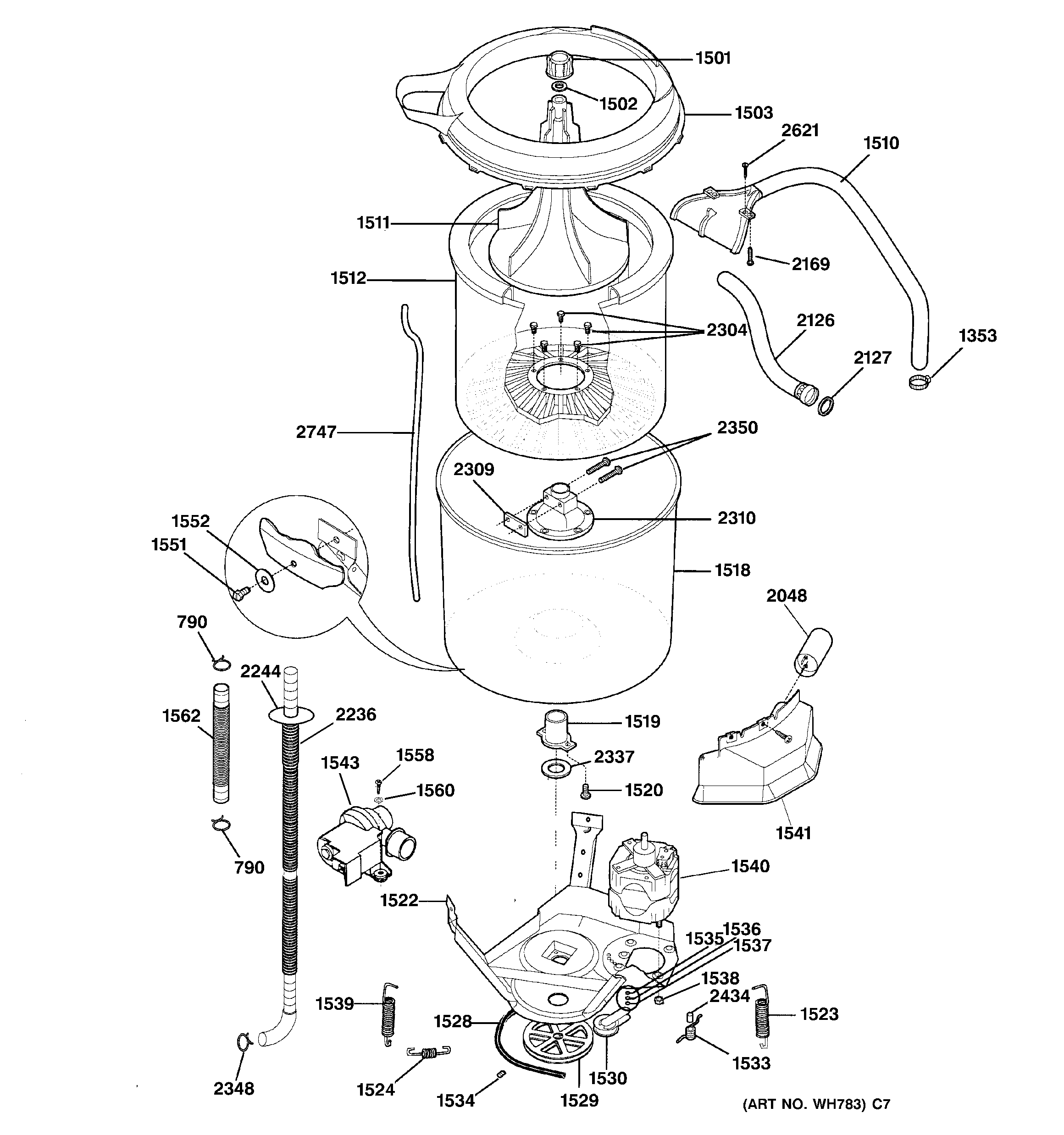 Washer tub, hoses & motor