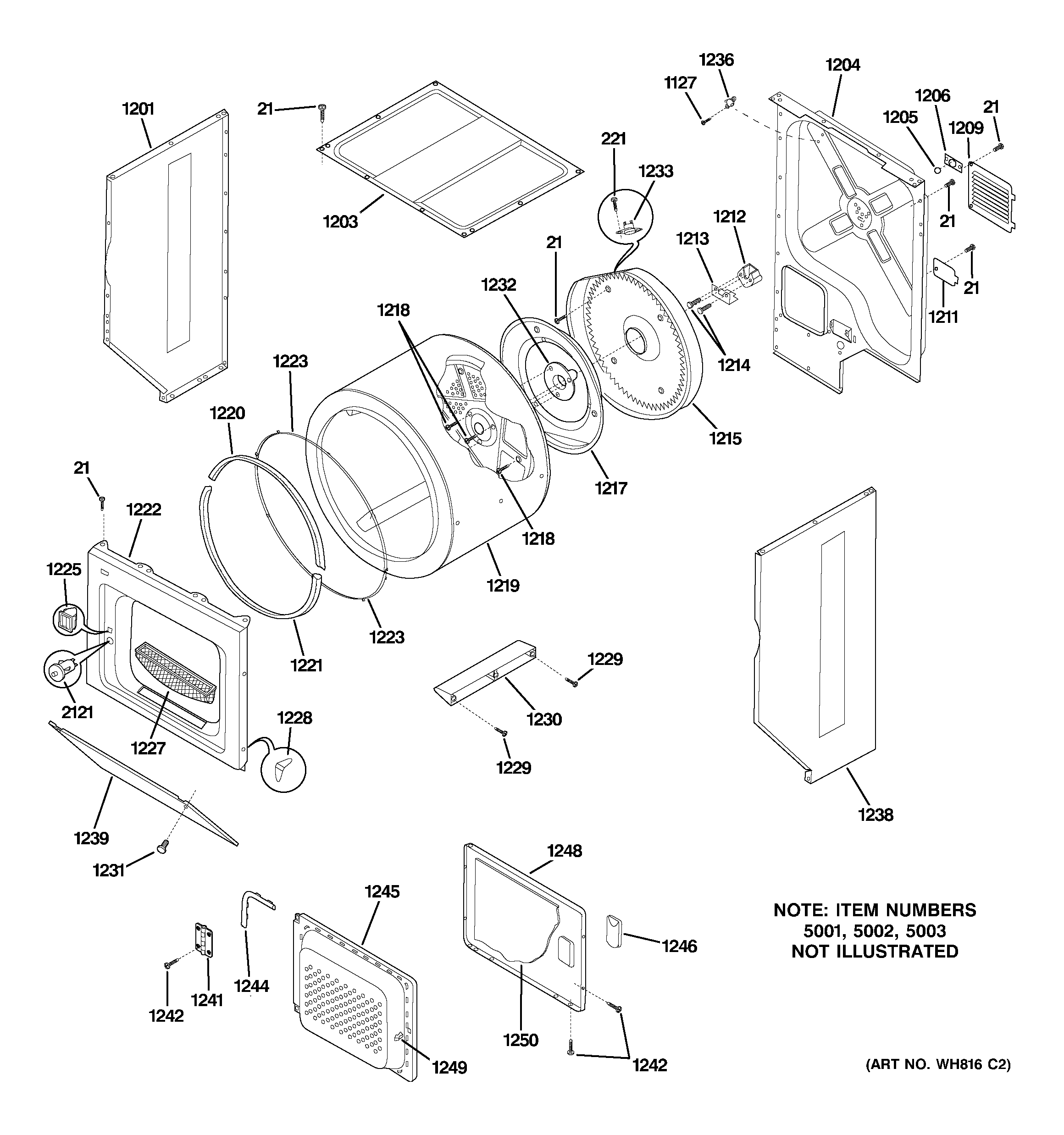 Dryer upper cabinet, drum & heater