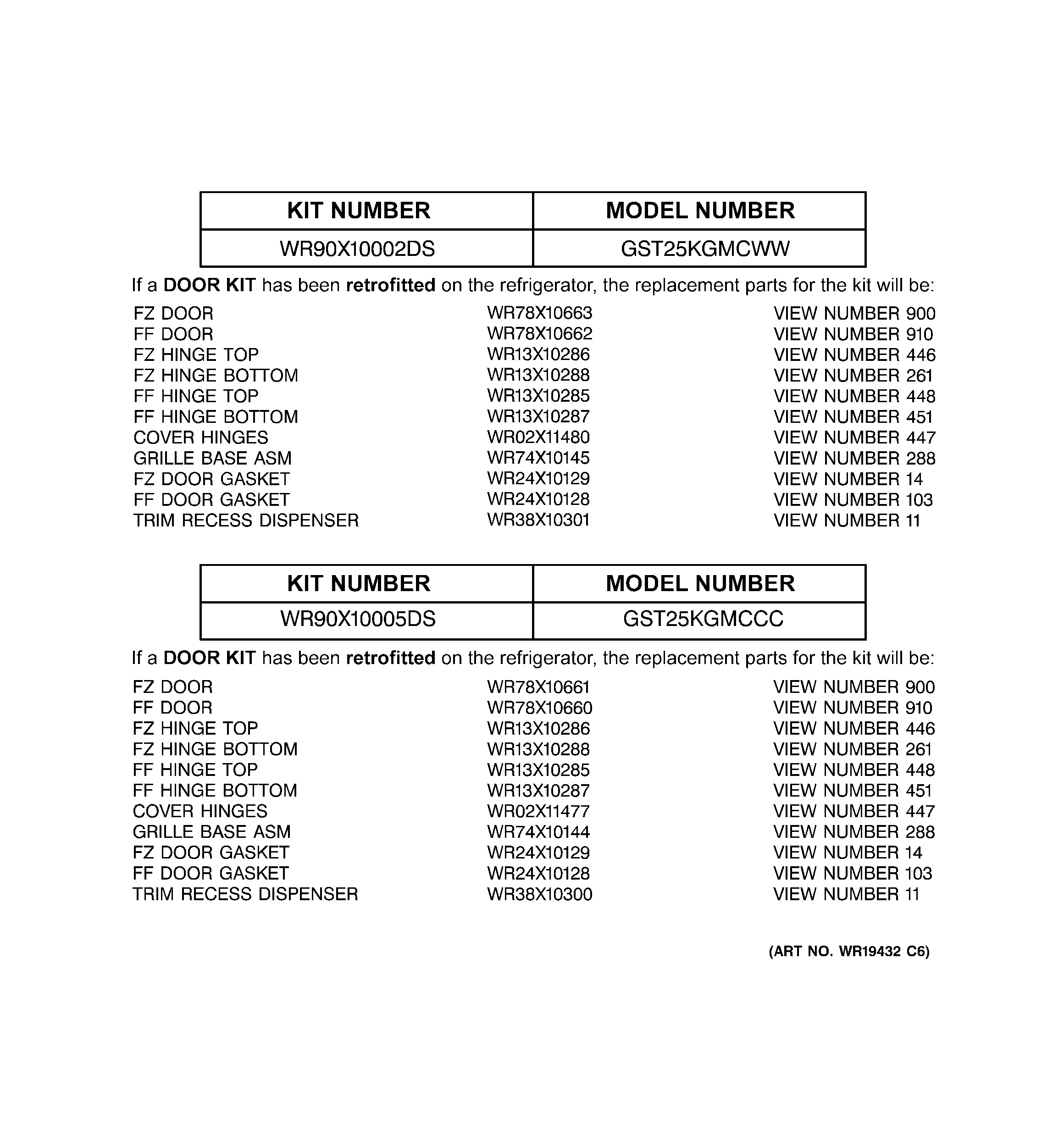 Replacement parts list