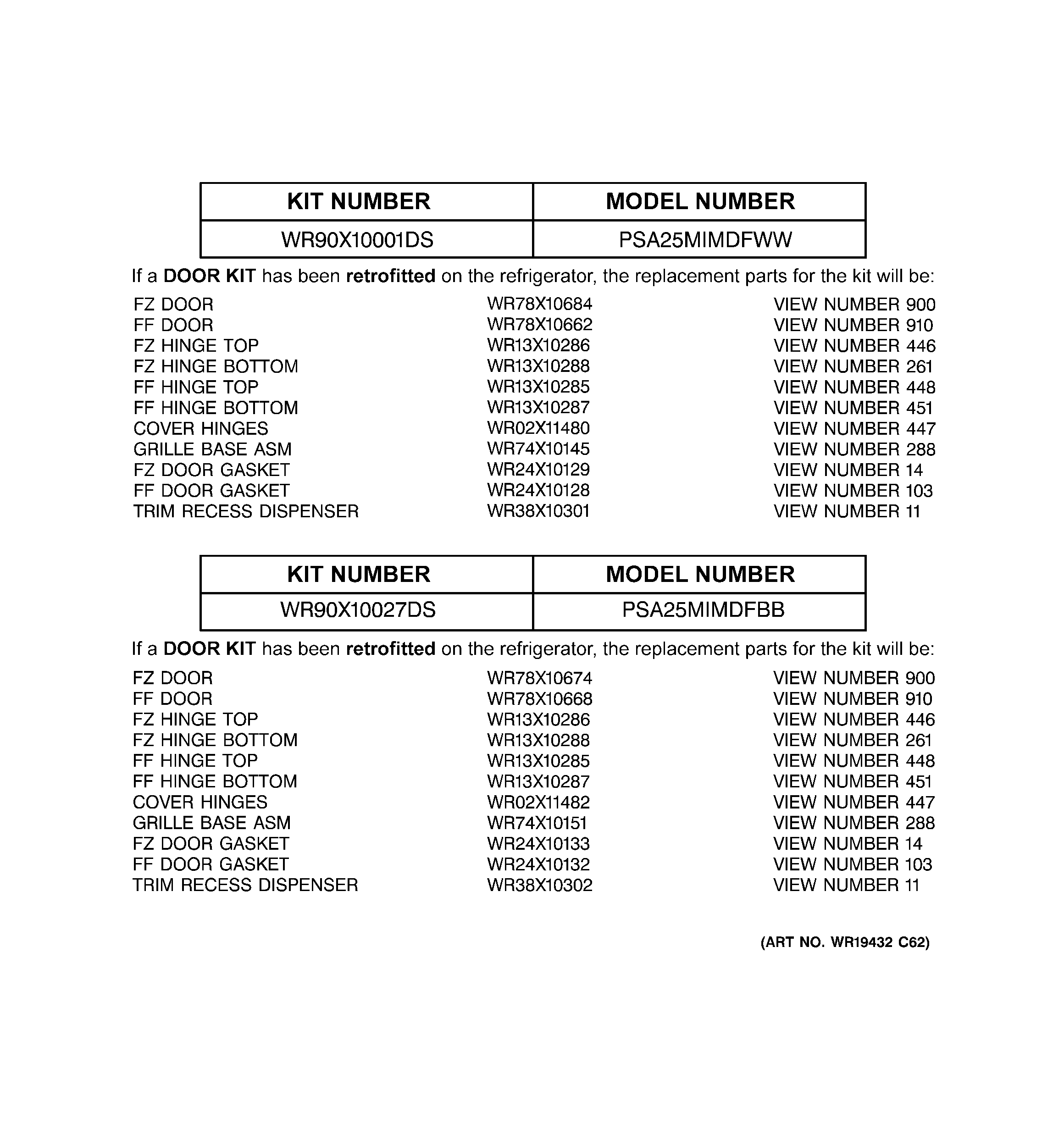 Replacement parts list