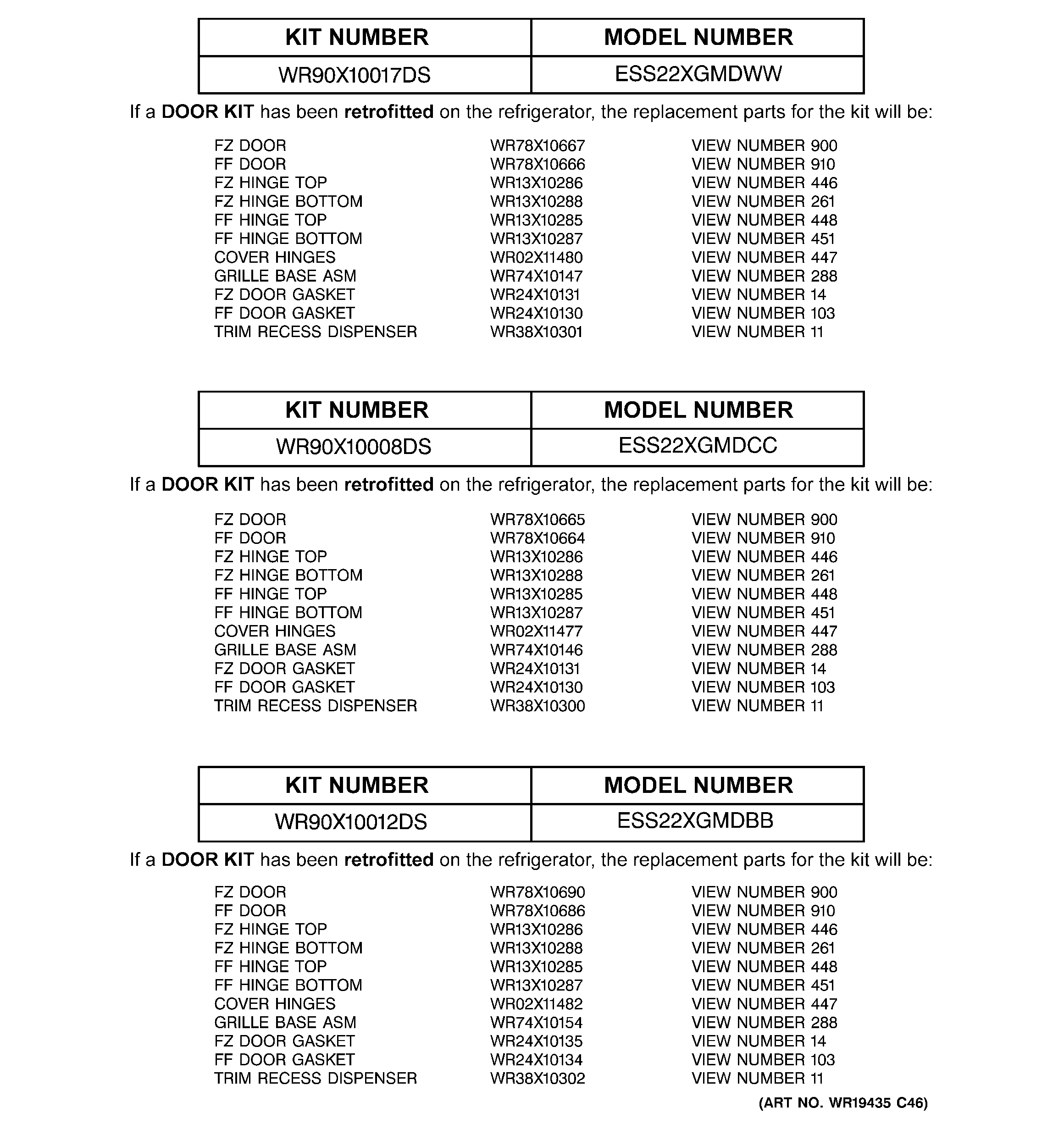 Replacement parts list