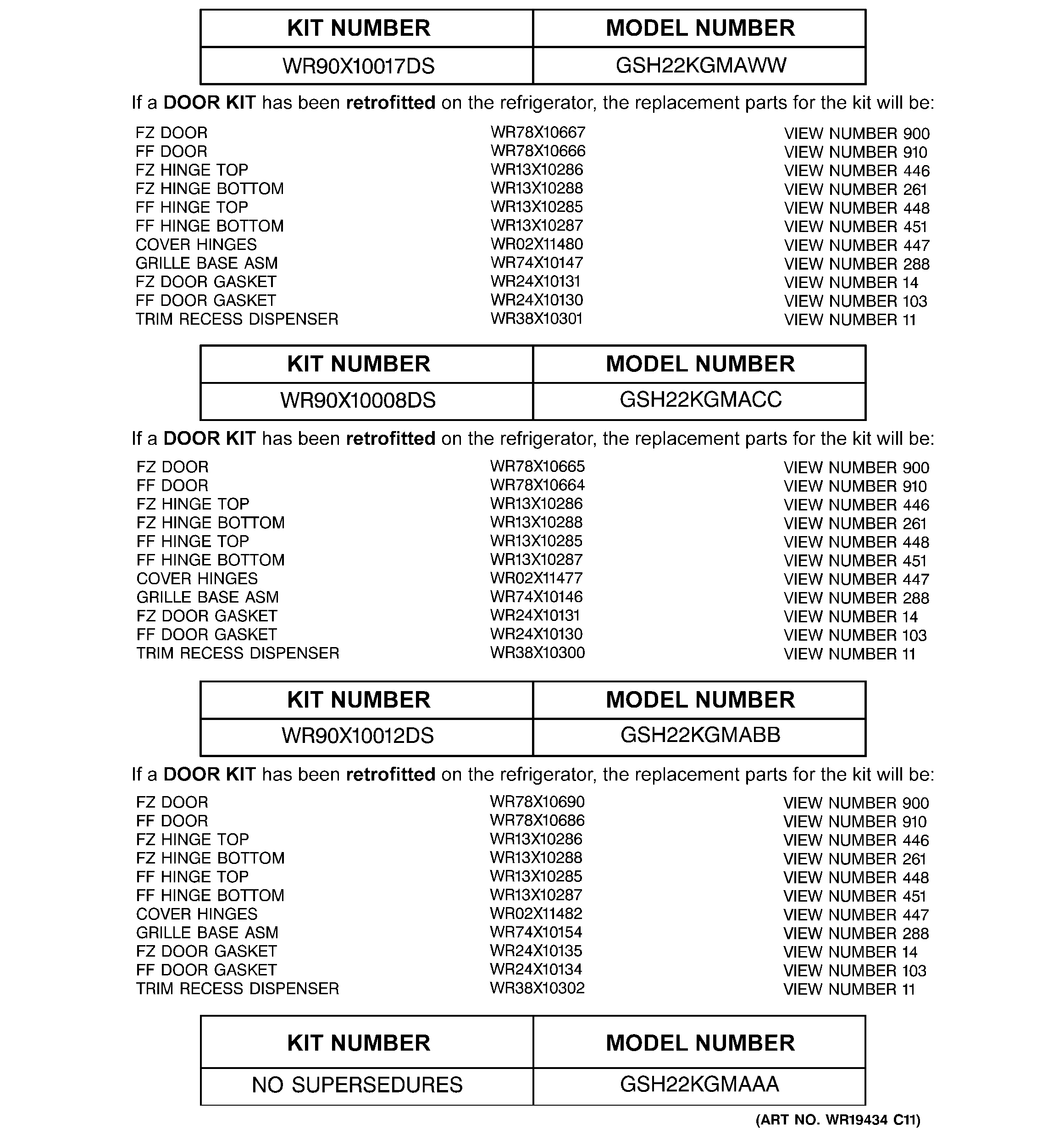 Replacement parts list