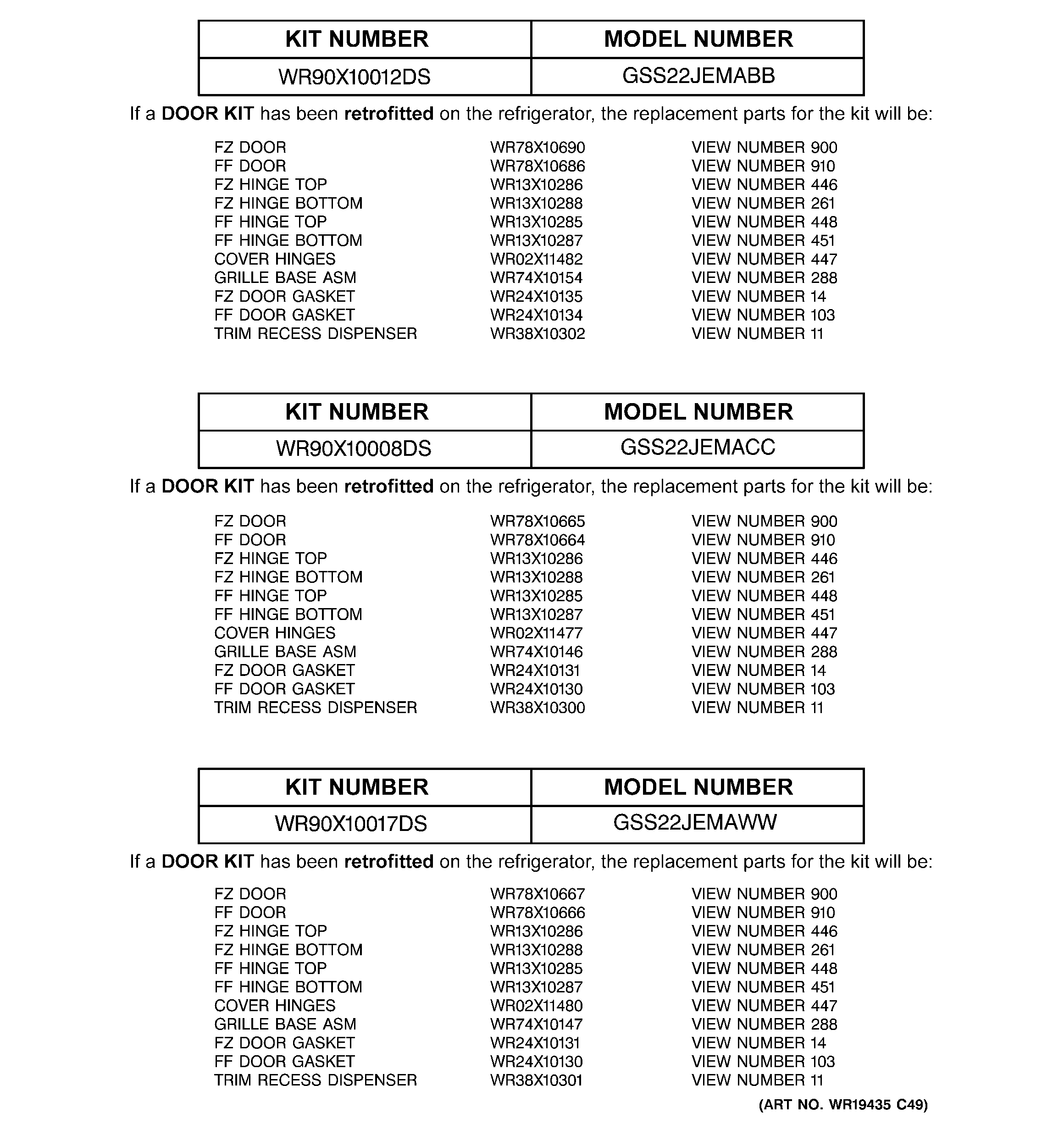 REPLACEMENT PARTS LIST