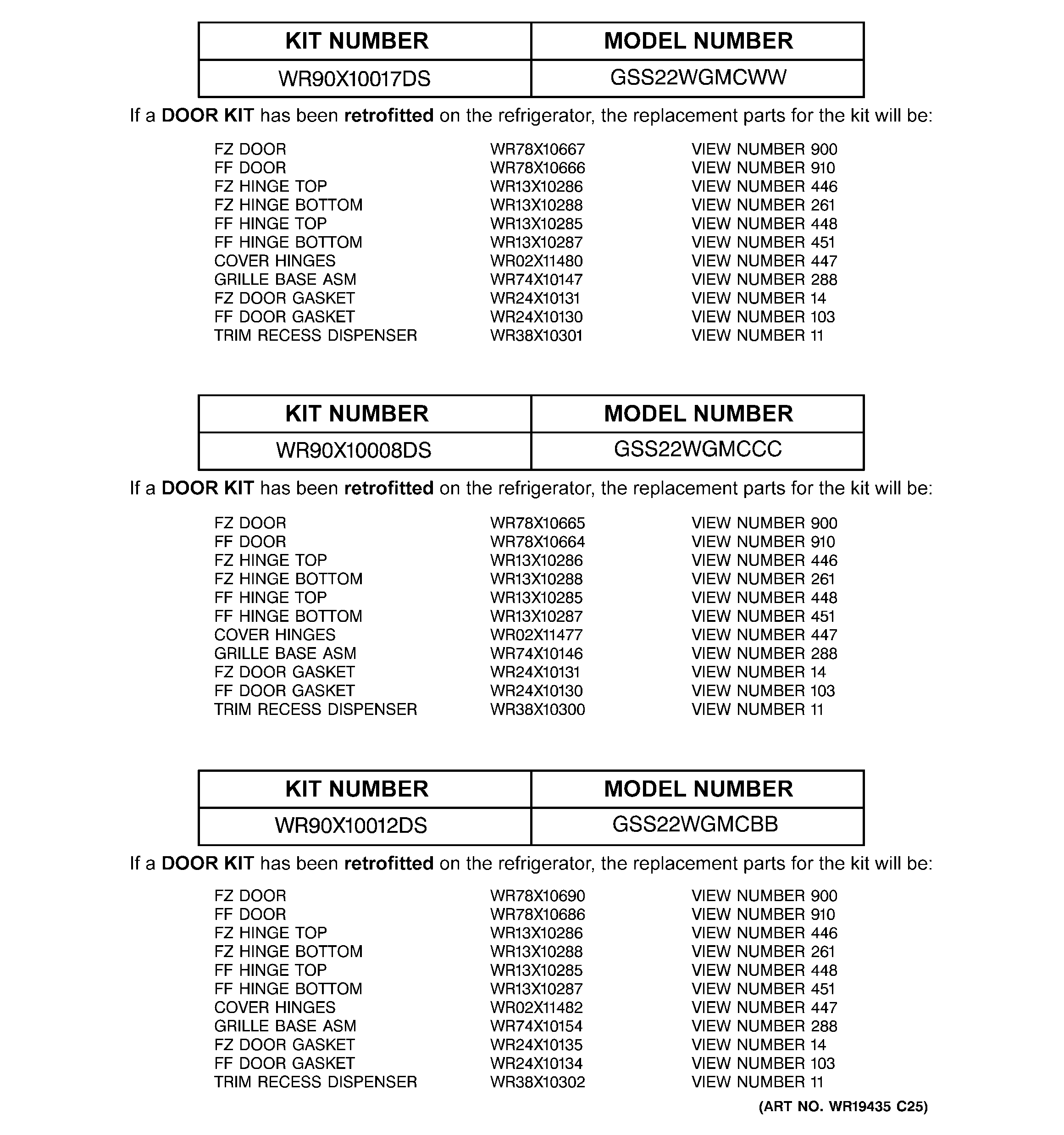 Replacement parts list