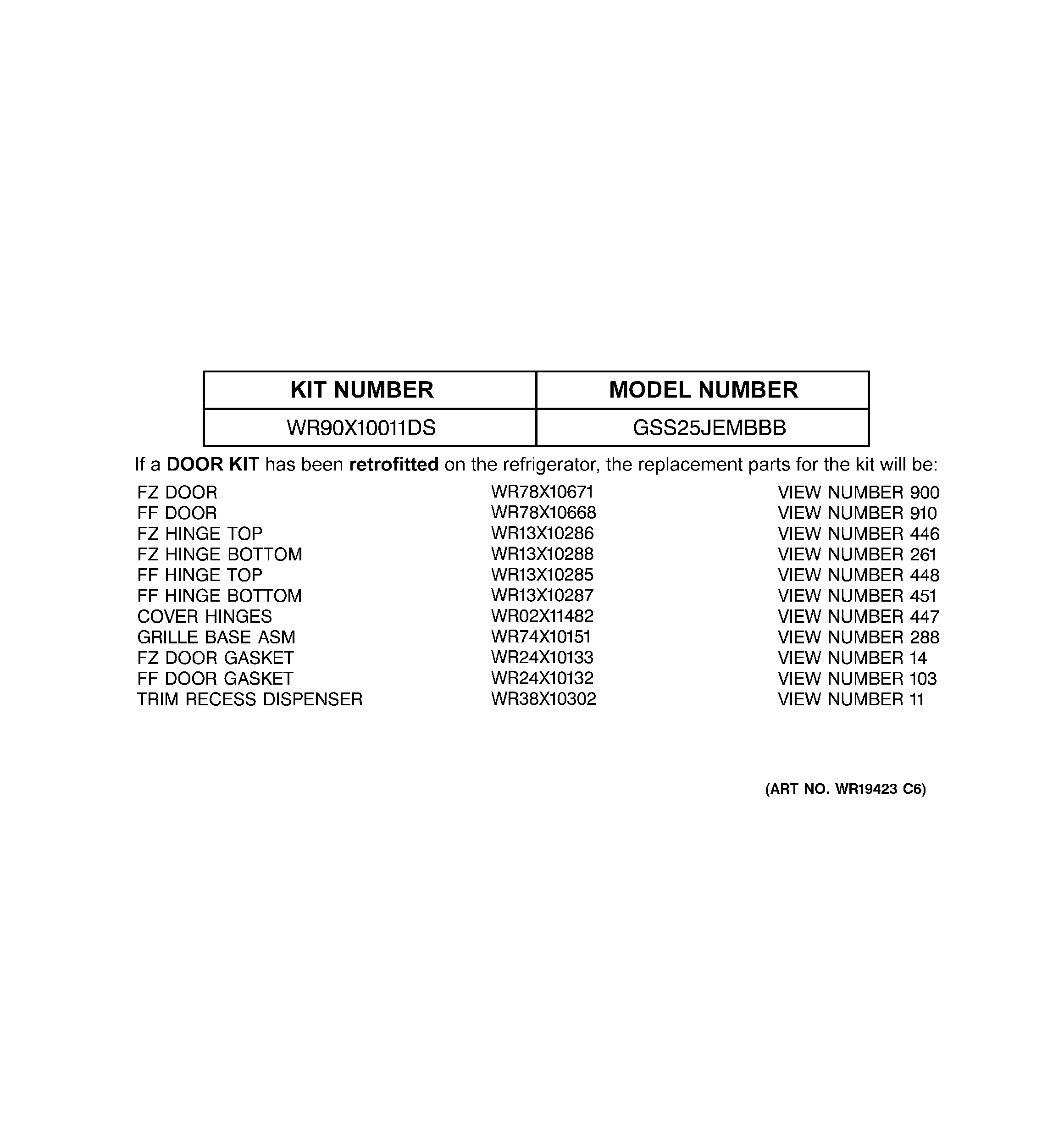 Replacement parts list