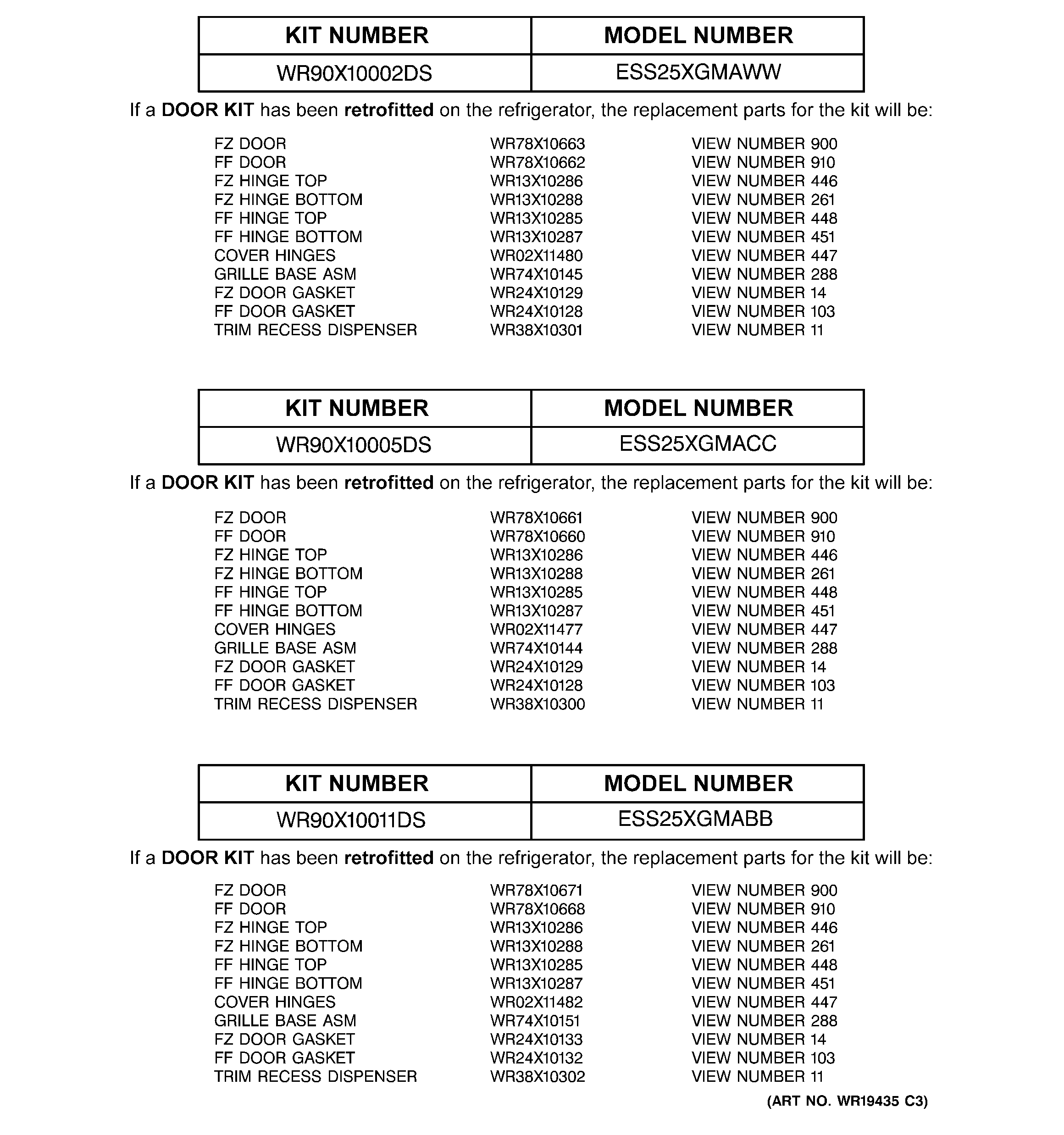 Replacement parts list