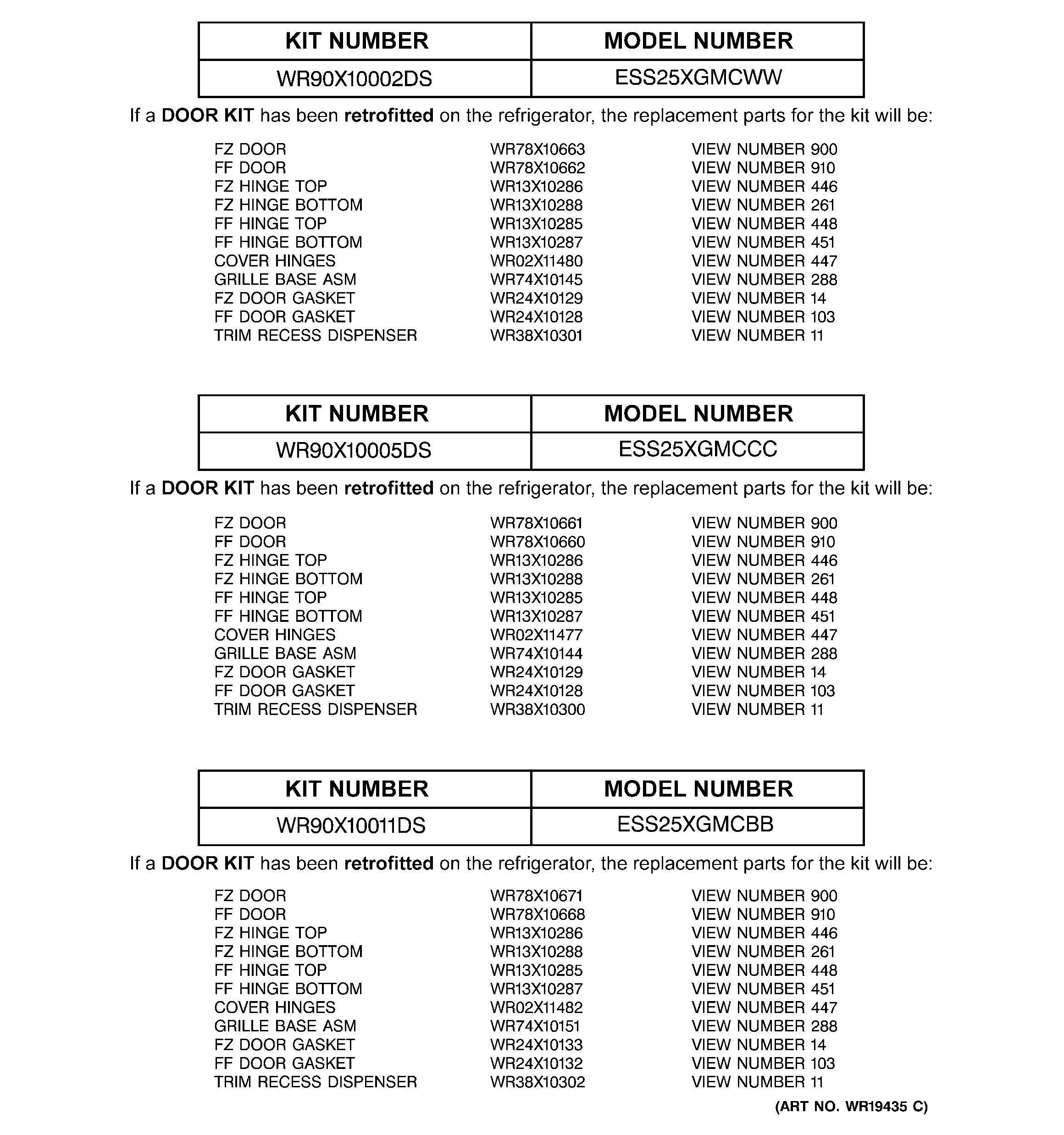 Replacement parts list