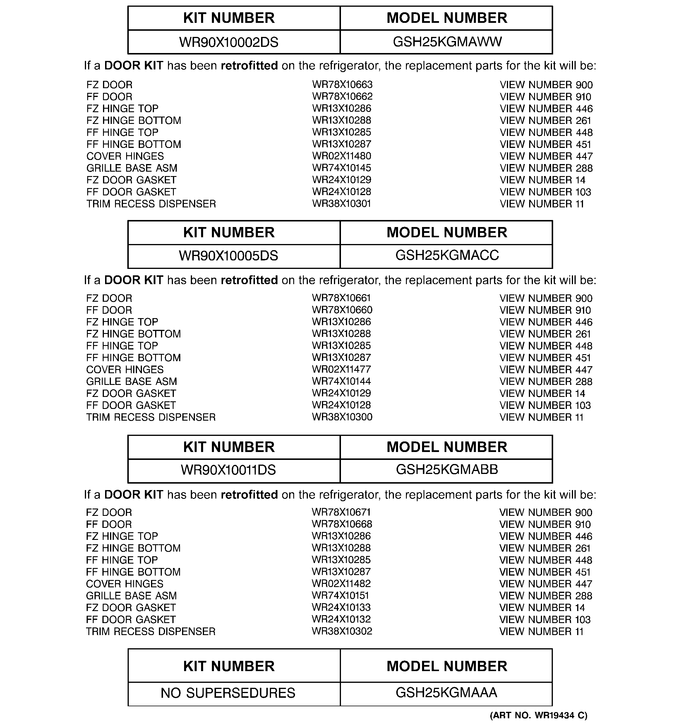 Replacement parts list