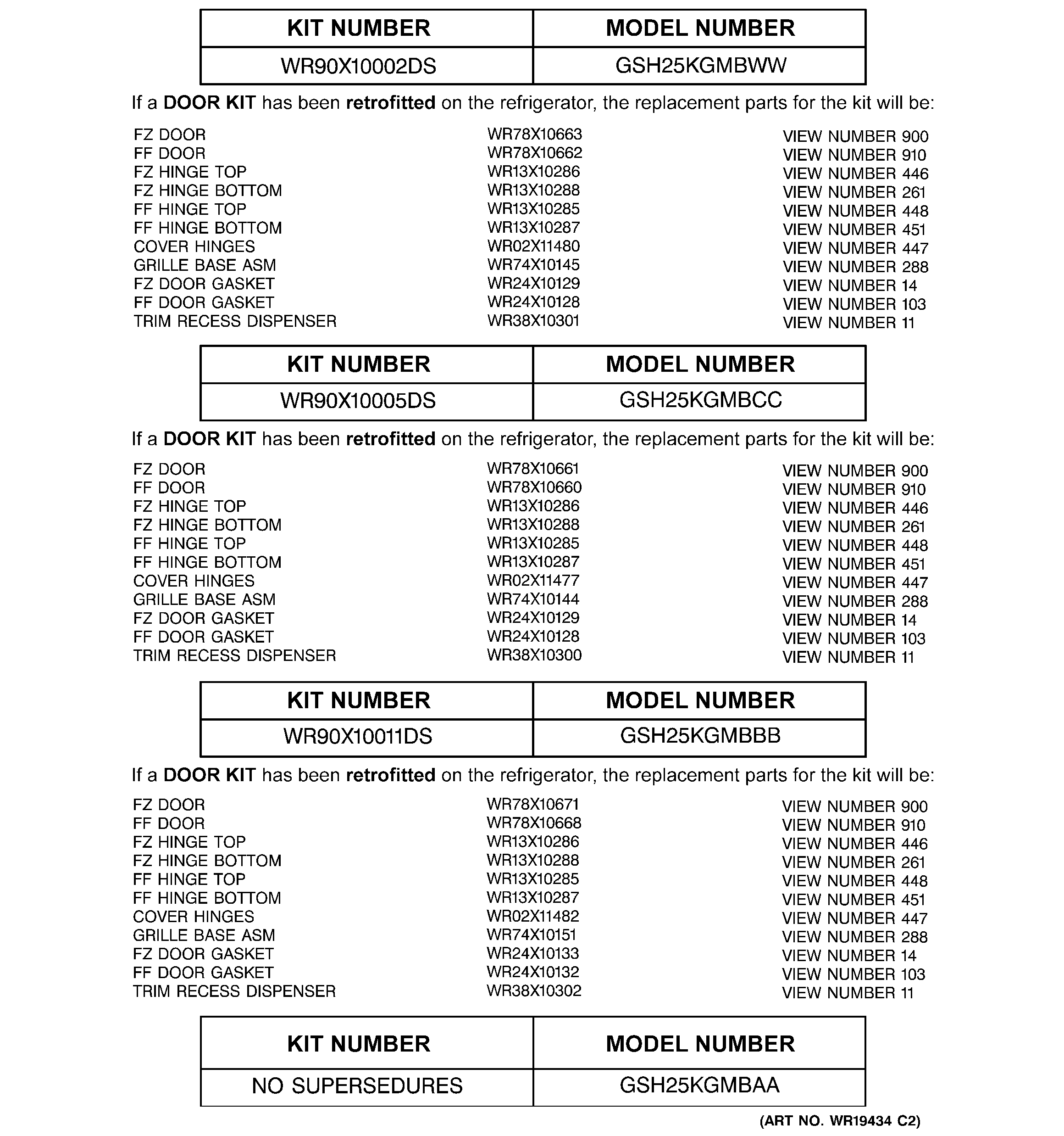 Replacement parts list