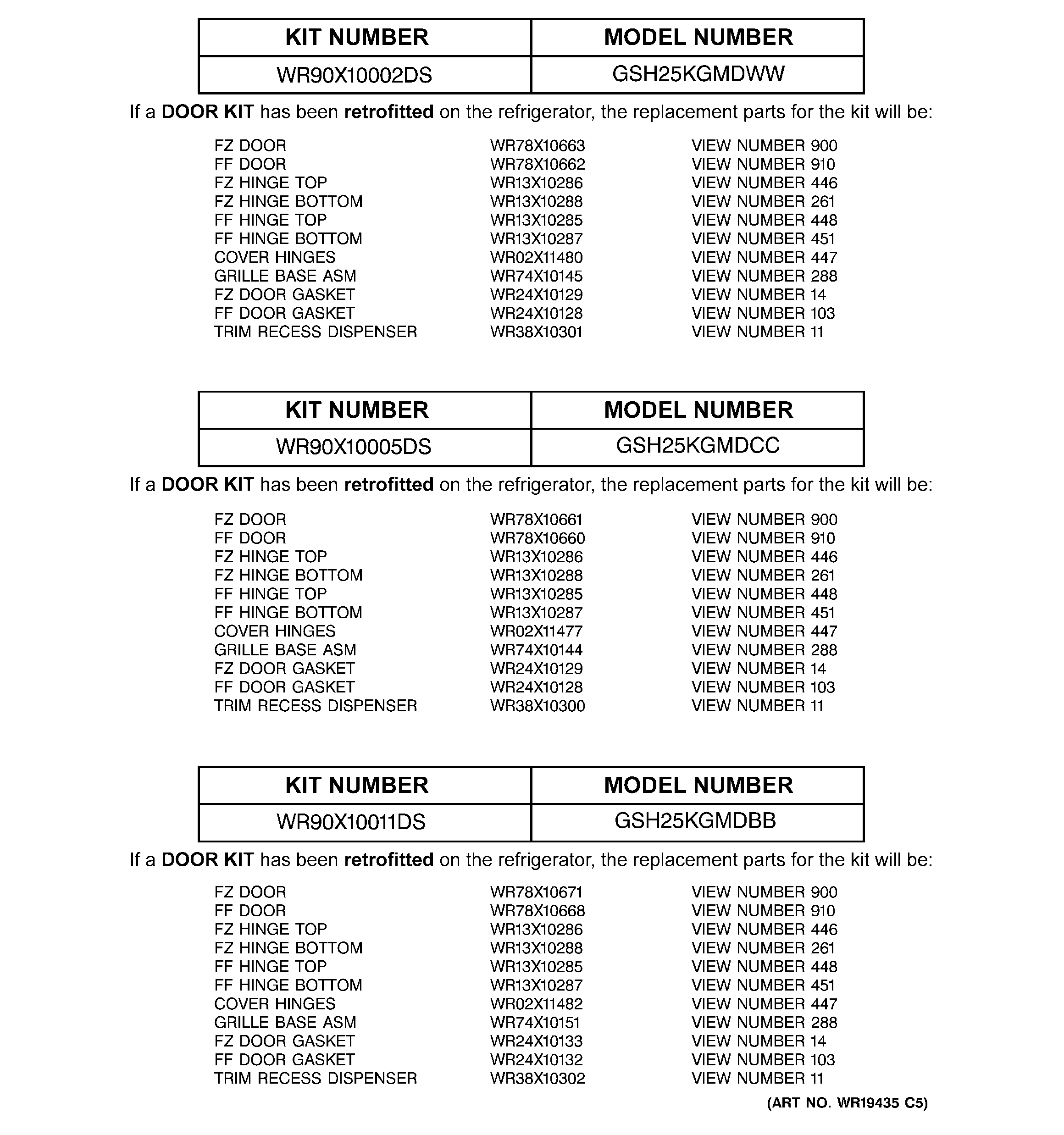 Replacement parts list