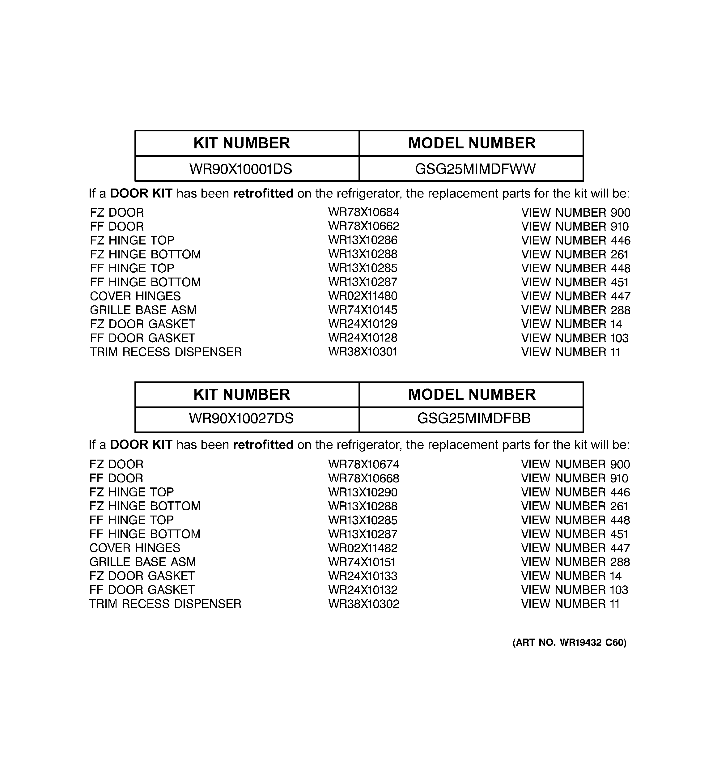 Replacement parts list