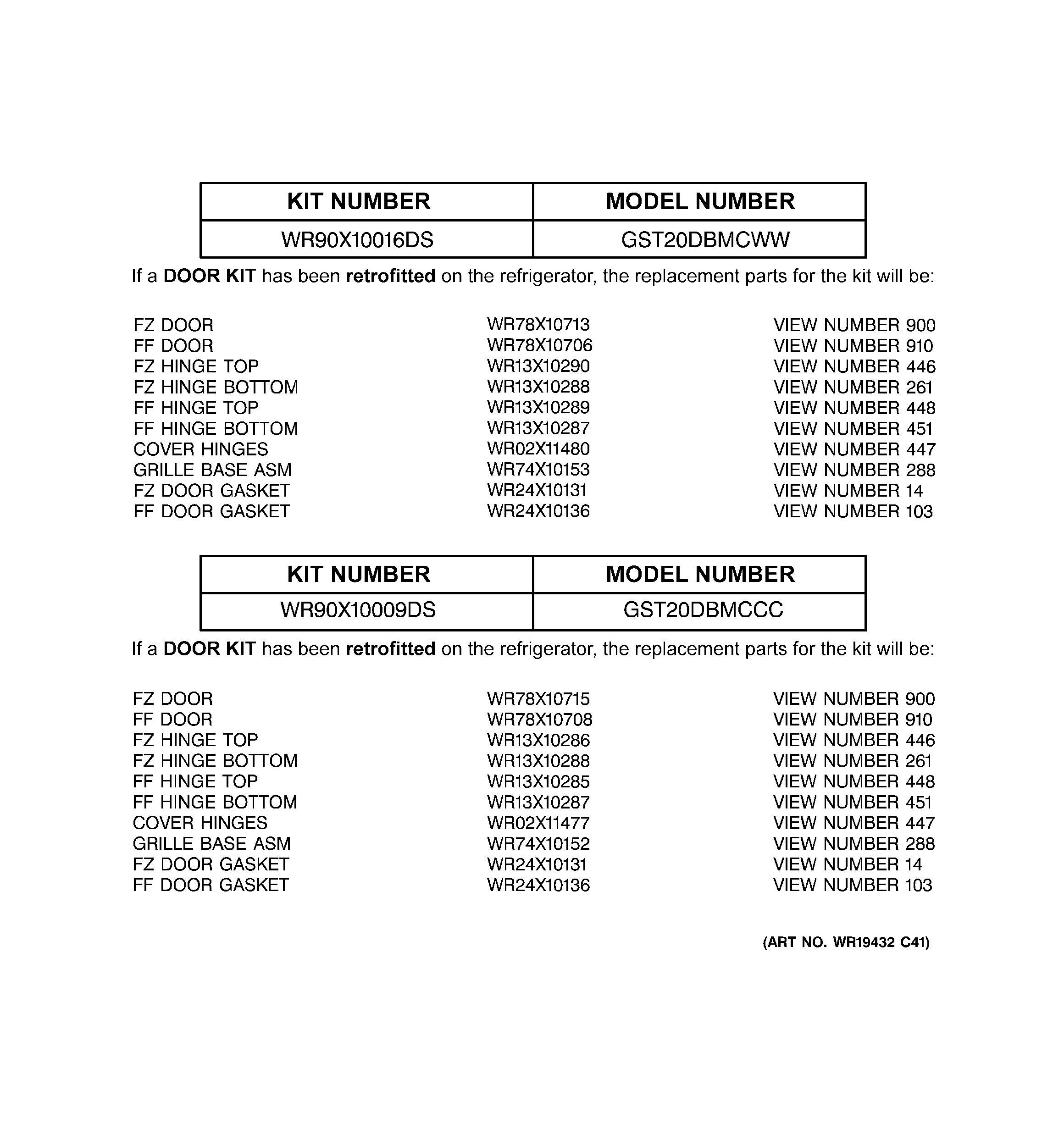 Replacement parts list