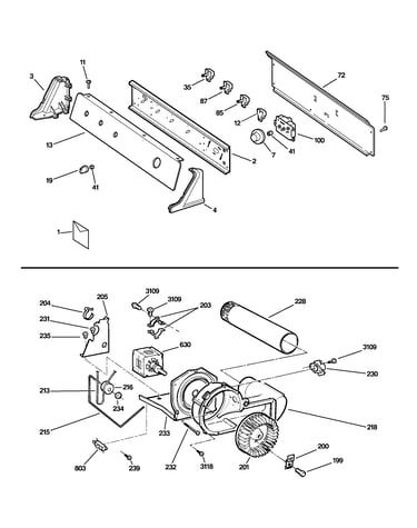 Backsplash, blower & motor assembly