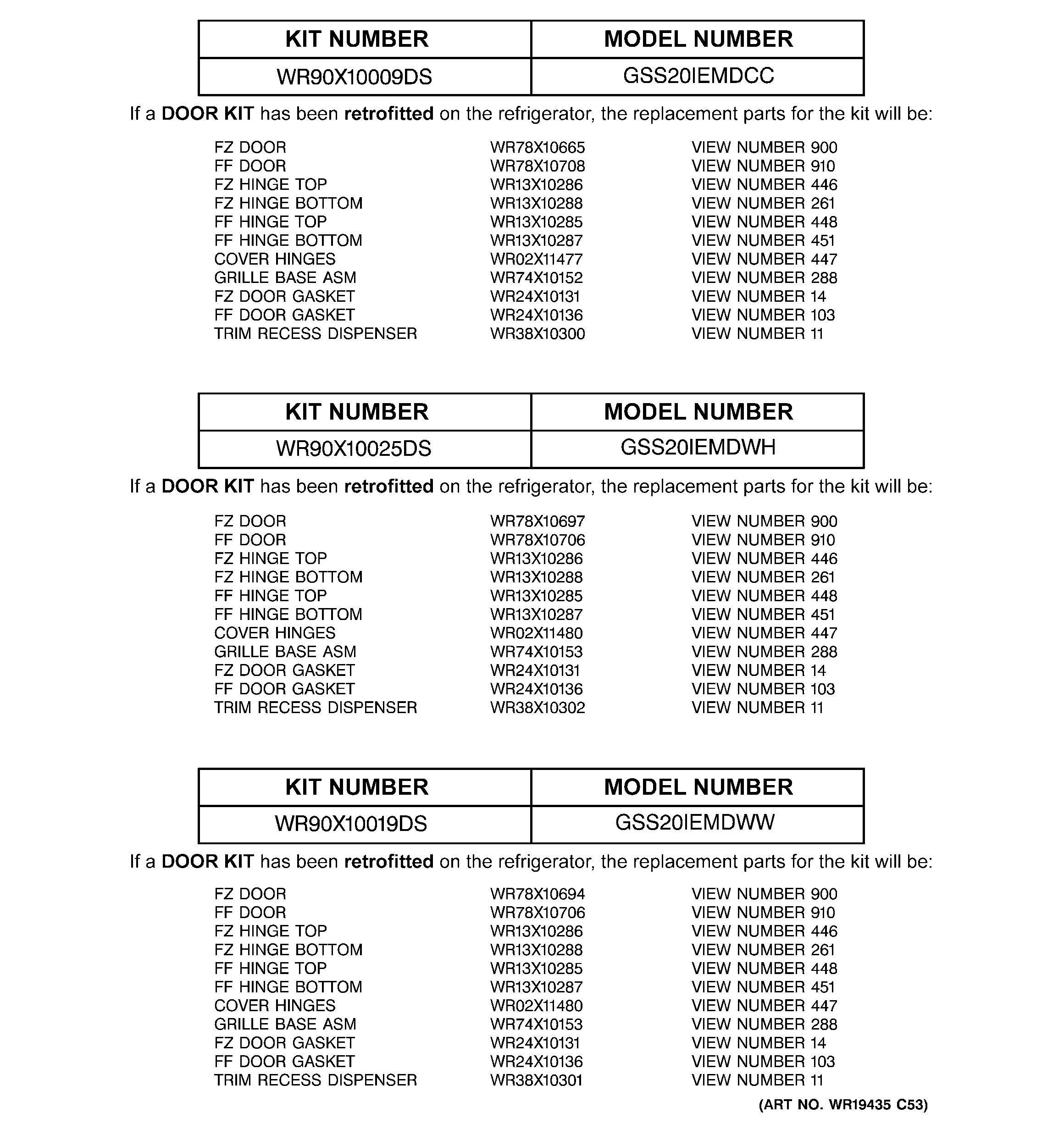 Replacement parts list