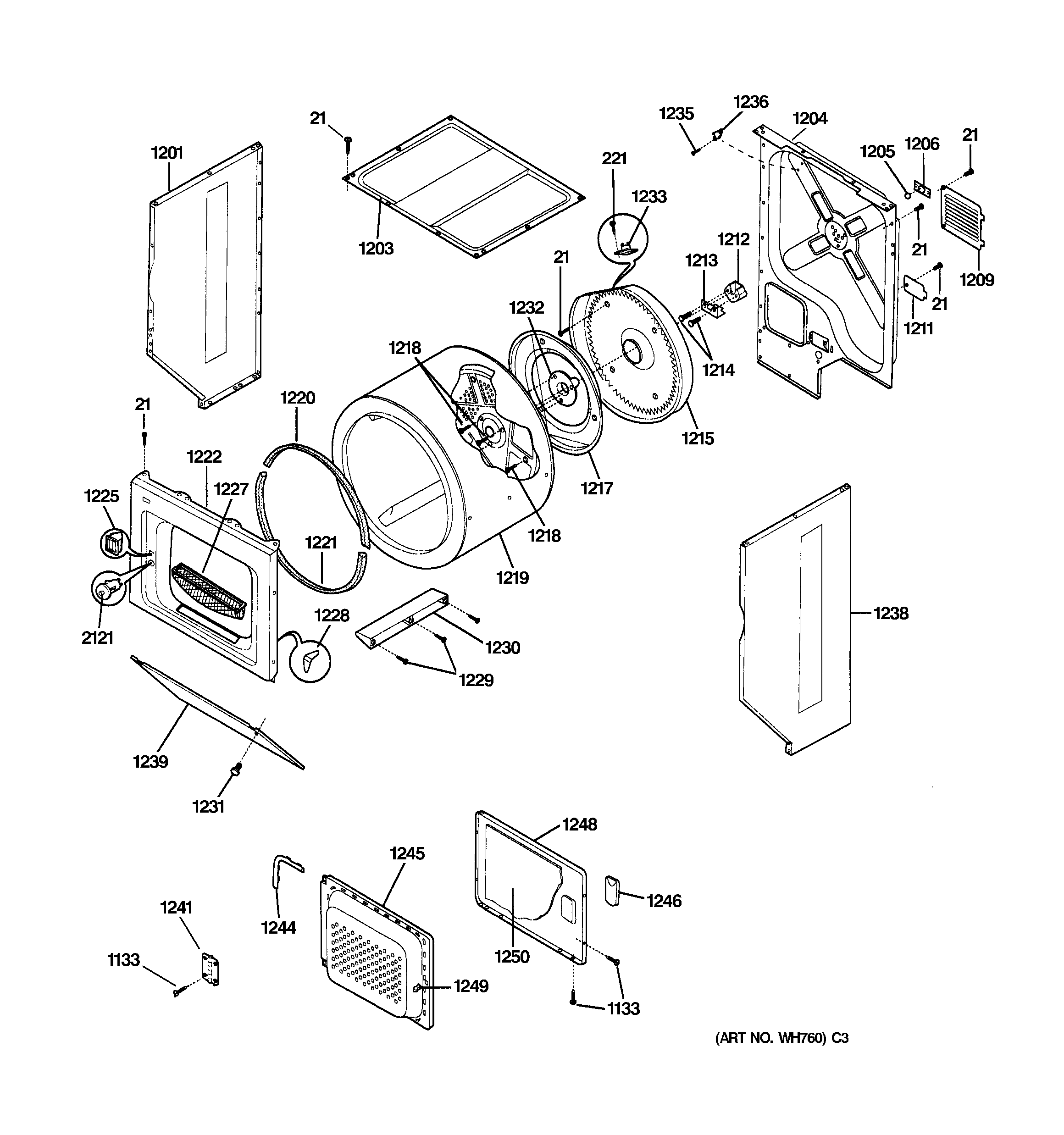 Dryer upper cabinet, drum & heater